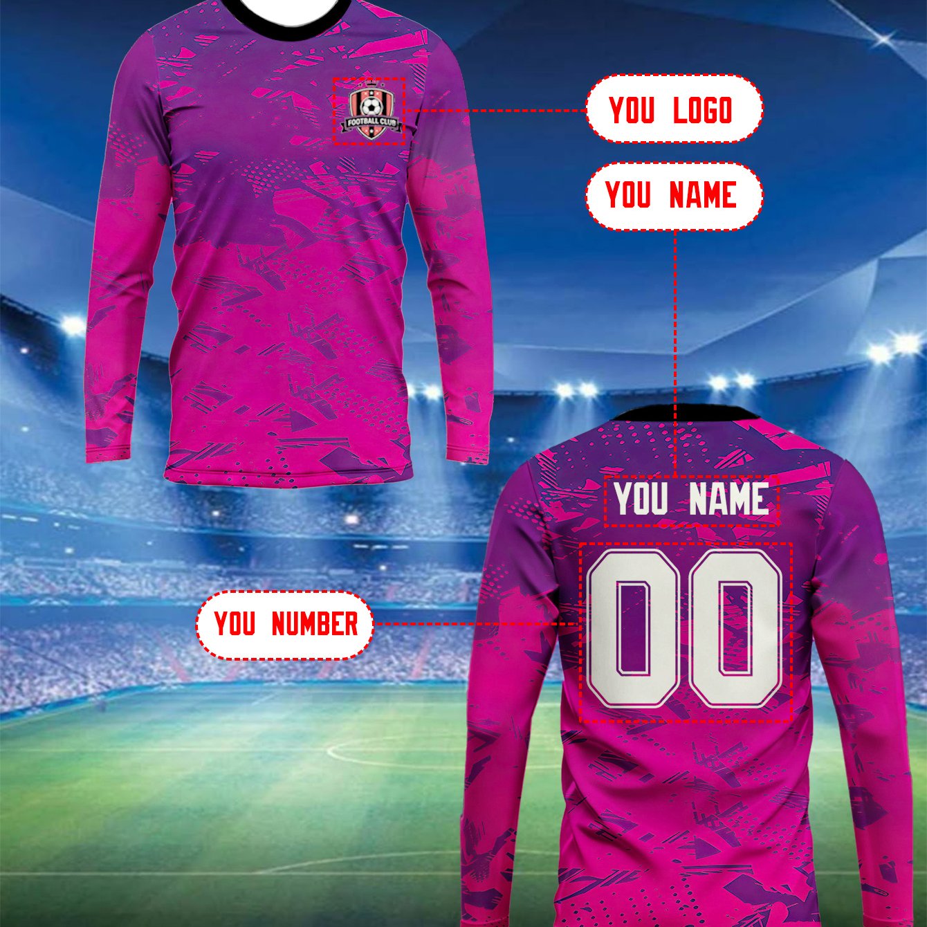 TEMU Maillot de football personnalisé à manches longues | Base violette avec abstraits roses et , avec "LOGO VOUS" et "NOM VOUS" imprimés sur le