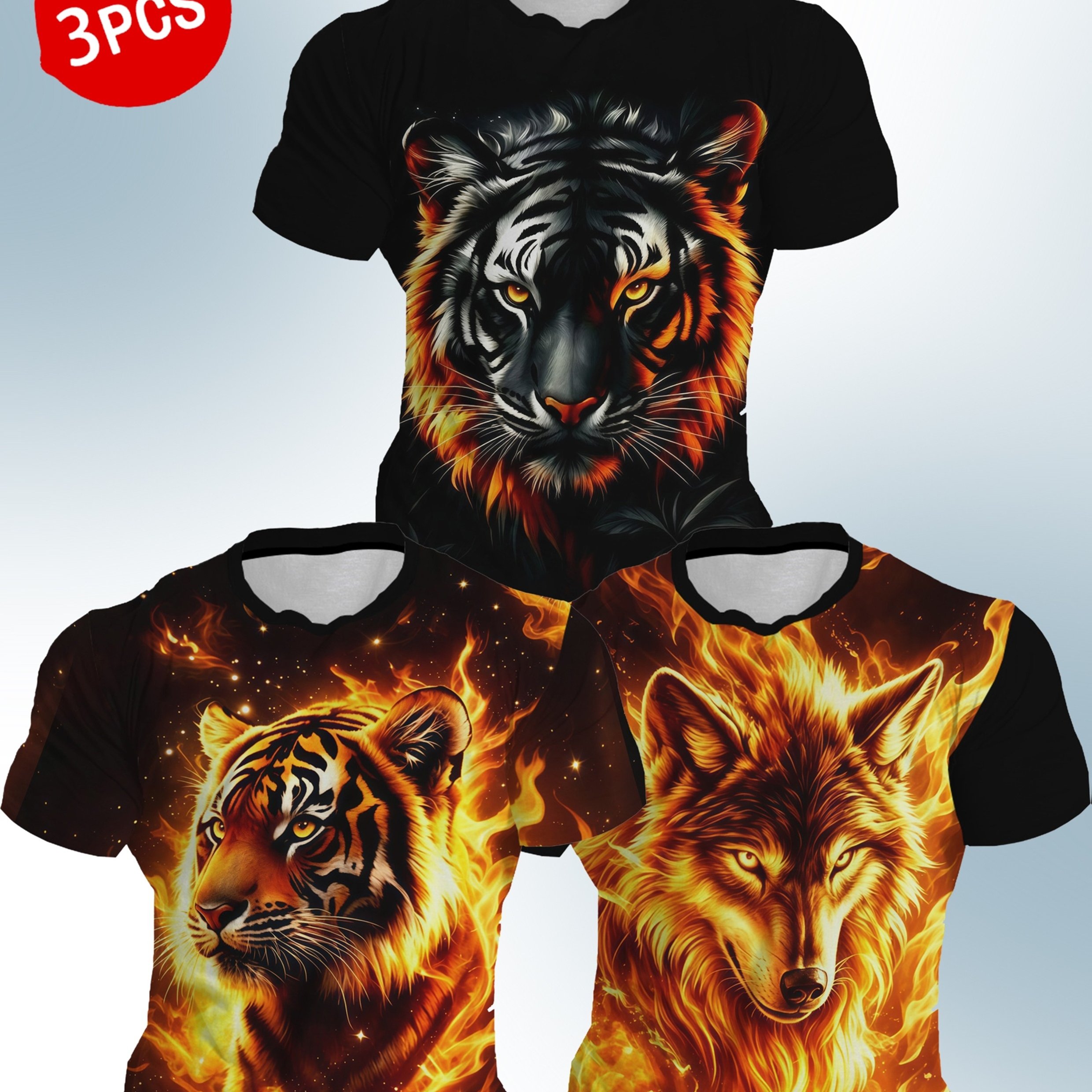 TEMU 3pcs Set- Men' Tiger And Wolf Print T-shirt- Soft And Elastic Short-sleeve Round-neck Summer Outdoor Casual Comfortable Colorful Design,