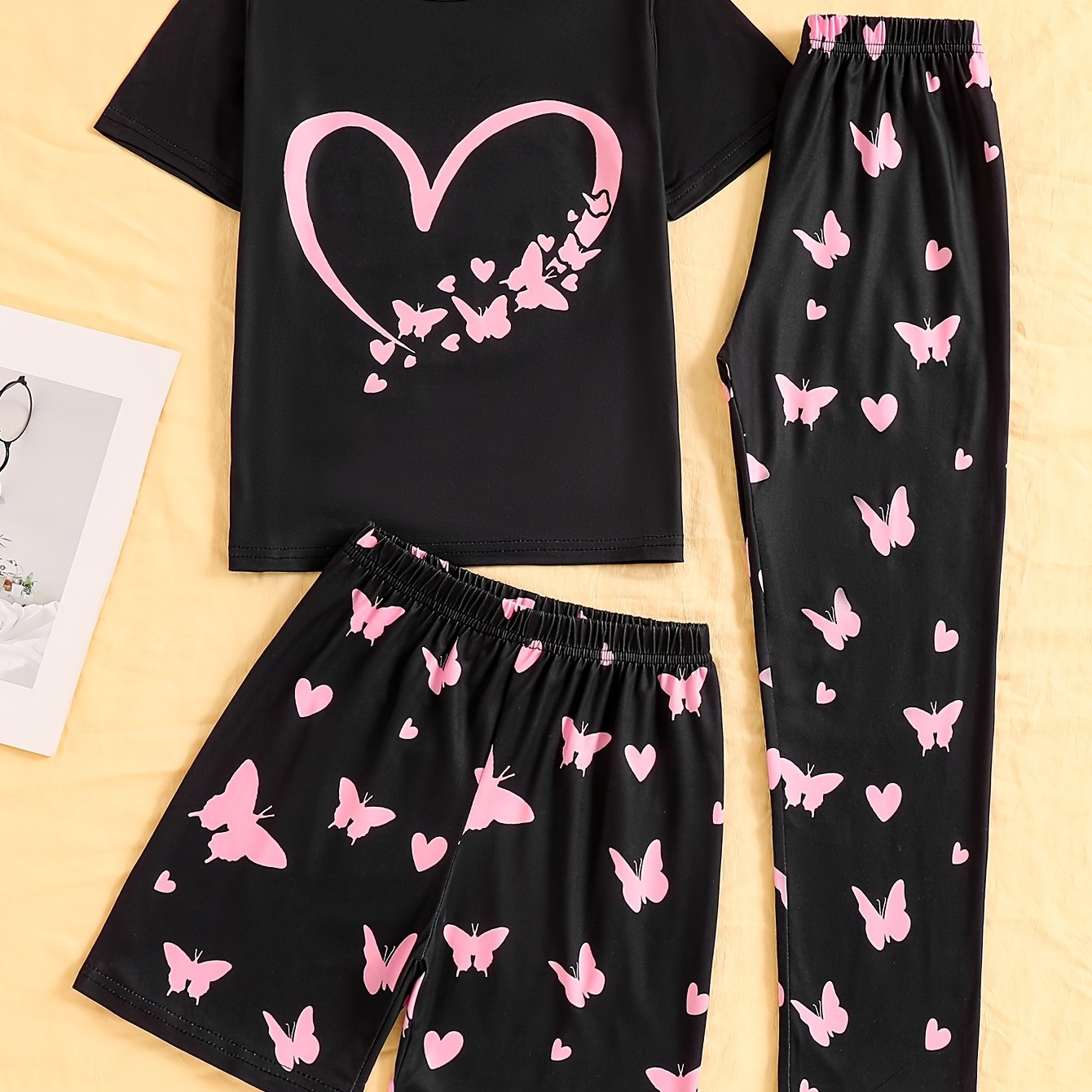 3pcs Pajama Set For Girls With Heart-shaped Print (flame-retardant Fabric)