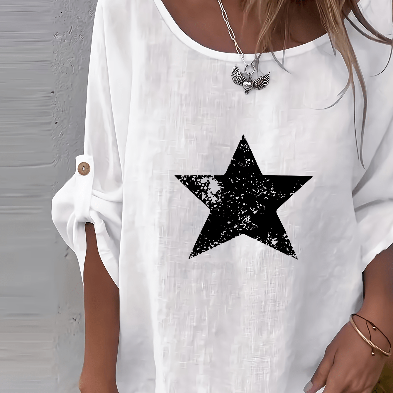 TEMU Elegant Women's Shirt - Solid Color Crew Neck Casual Fashion Top With Iron- Star Pattern, Button Detail Design, Loose Fit Suitable For