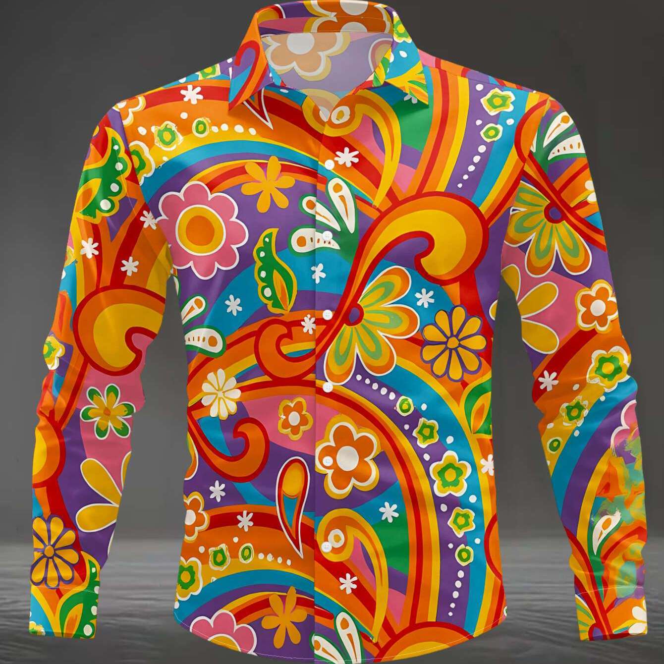 TEMU Men's Casual Long-sleeve Shirt With Vibrant Colorful Patterns, A And Vintage Hippie-inspired Flat Print Design. Machine Washable , Stylish