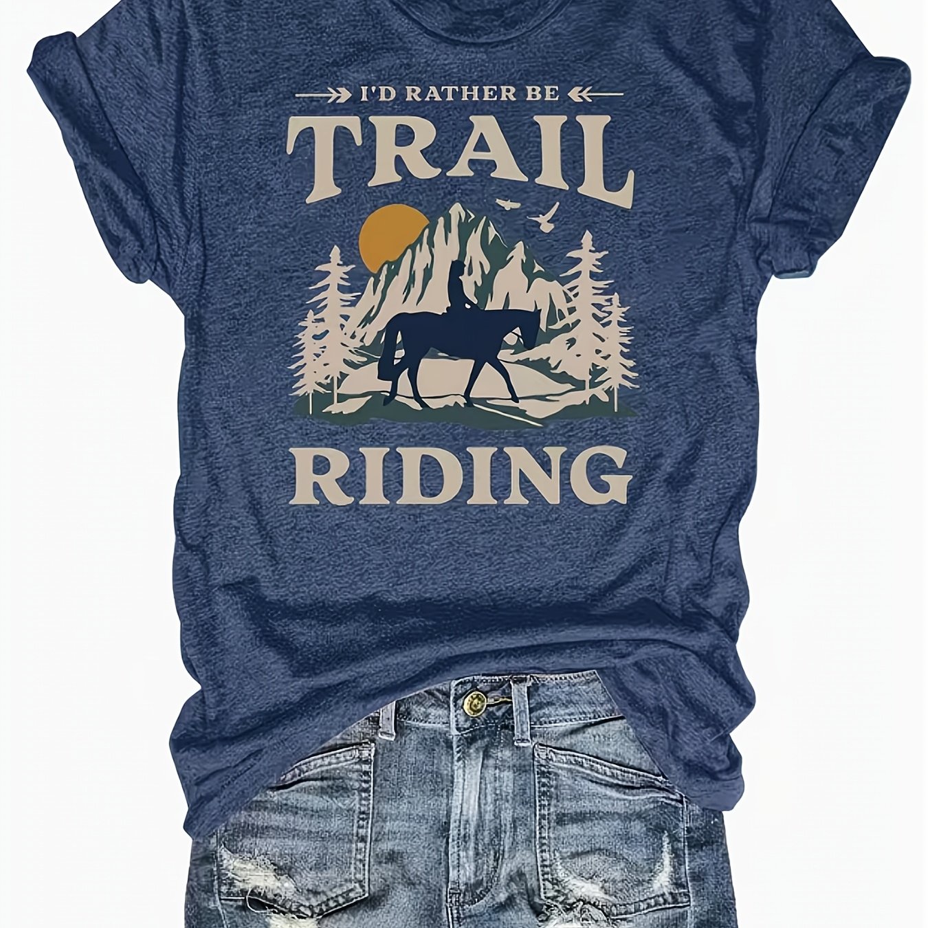 TEMU Women' & Mountain Print T-shirt - Breathable Short Sleeve Round Neck Casual Top With Trail Riding, Machine Washable Suitable For Spring Summer