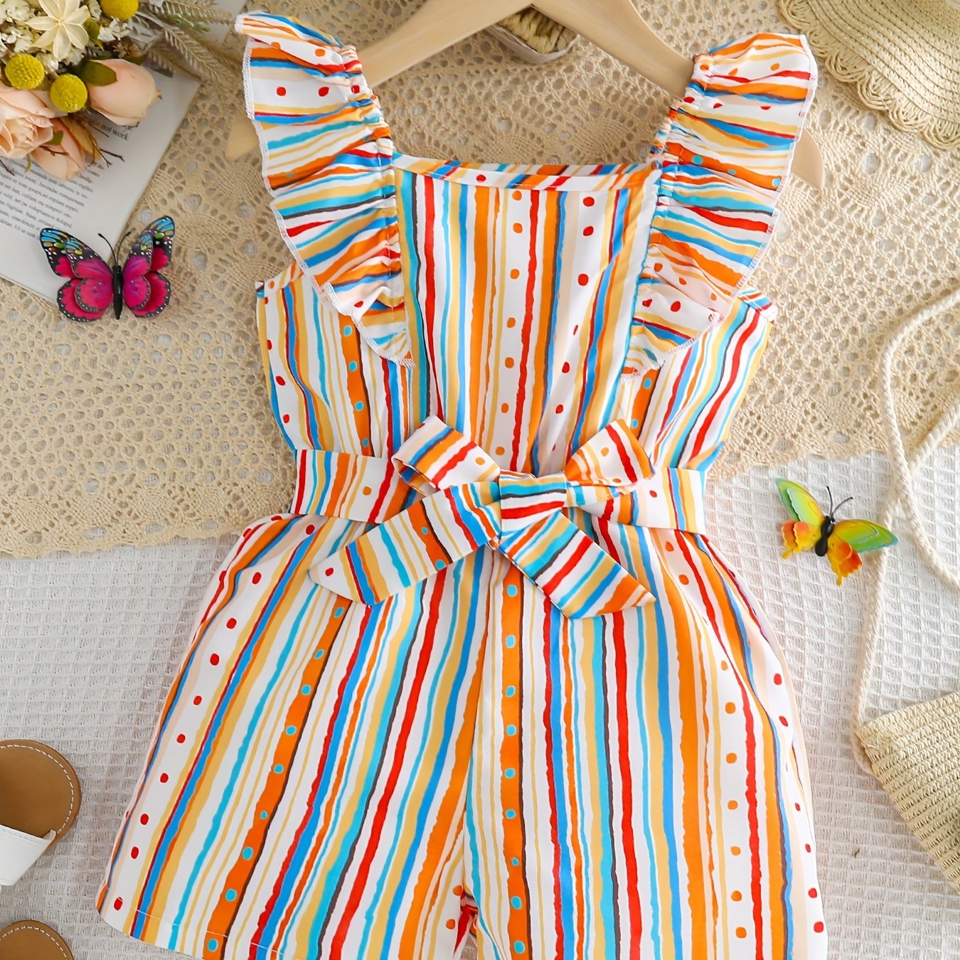 TEMU Boho Style Girls Striped Flutter Trim Sleeveless Strapped Jumpsuit Romper For Summer Beach Vacation Holiday Gift