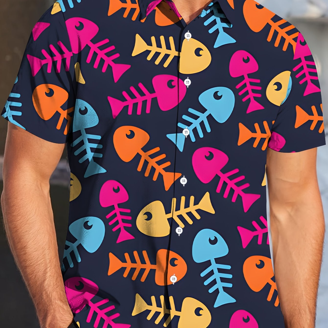 TEMU Camisa de Manga Corta para Hombre con Estampado de Peces - Diseño de Espina de Pescado en Todo el Cuerpo, Cuello Holgado, Botones Delanteros,
