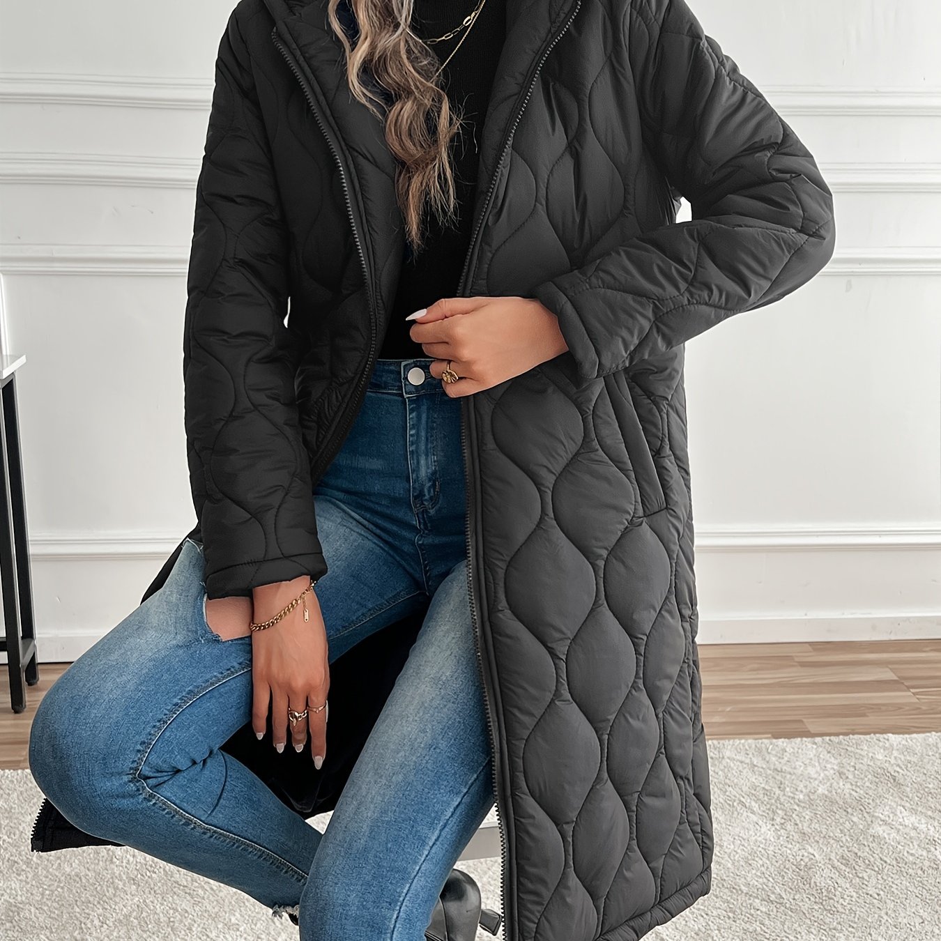 TEMU Elegant Long Hooded Winter Coat For Women - Warm Quilted Puffer Jacket With Zip Detail, Machine Washable