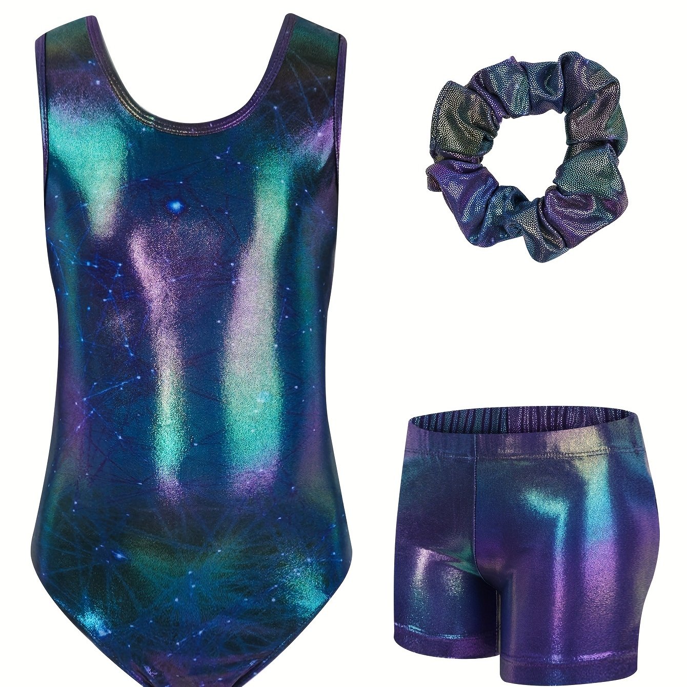 Image of Girls 3pcs/set Graphic Print Sleeveless Tight And Fit Leotard And Shorts And Hairband For Gymnastics And Training, For Outdoor