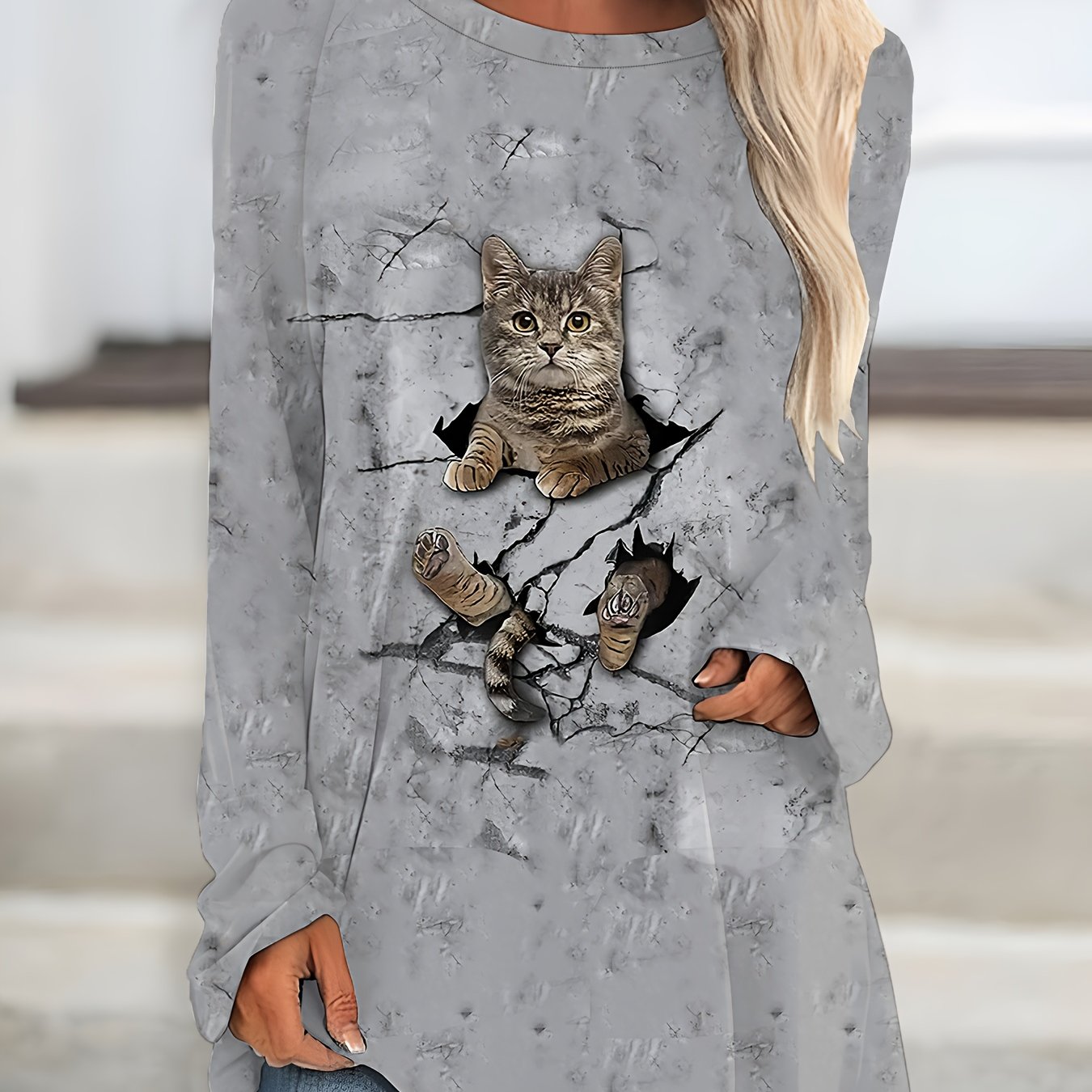 TEMU Plus Size Autumn/winter New Arrival - Women's Round Neck Raglan Sleeve T-shirt, Silvery Grey With Cute Broken Window Kitten Print. Fabric Non
