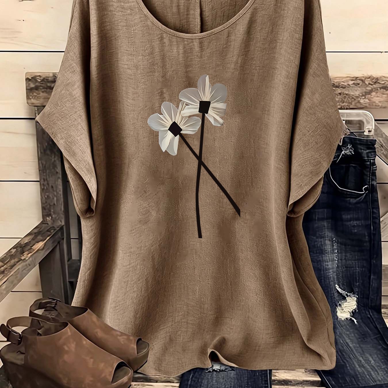 TEMU European American Easy Bohemian Style Vintage Floral Casual Round Neck Short Sleeve Shirt, 1pc Women's Shirt, Vintage Women's Wear, Women's