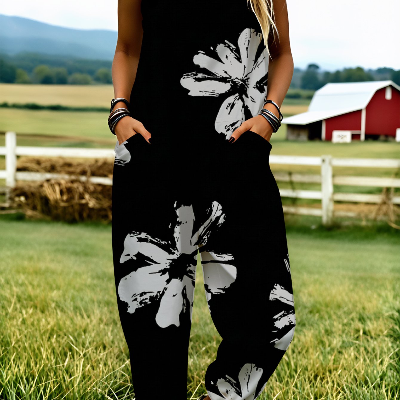 Image of Plus Size, Plus Size Women's Overalls 0xl-5xl Black And White Floral Pattern Comfortable And Breathable Wide-leg Pants Casual Wear Clothing Machine Washable