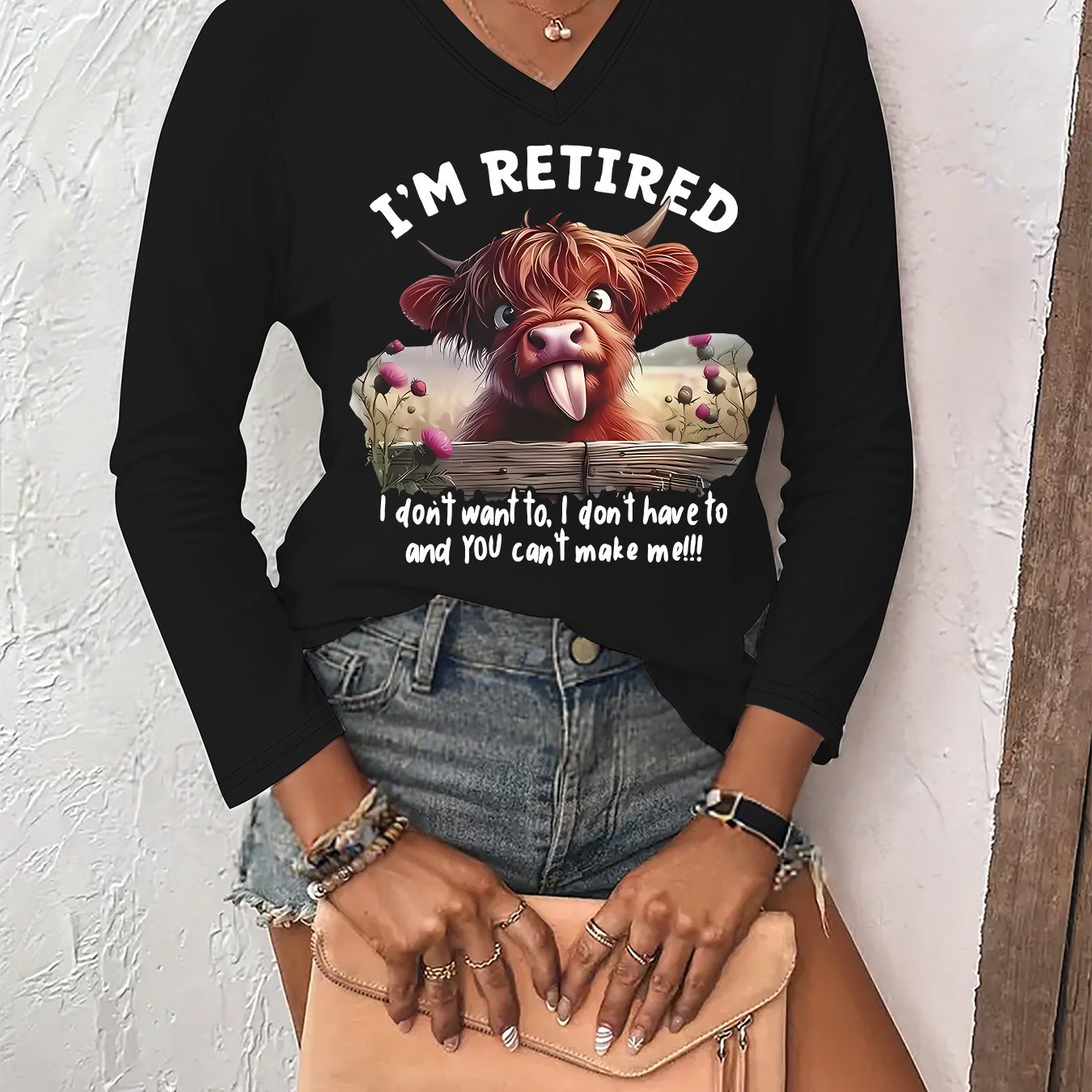TEMU Graphic Print T-shirt, Long Sleeve V Neck Casual Top For Spring & Fall, Women's Clothing
