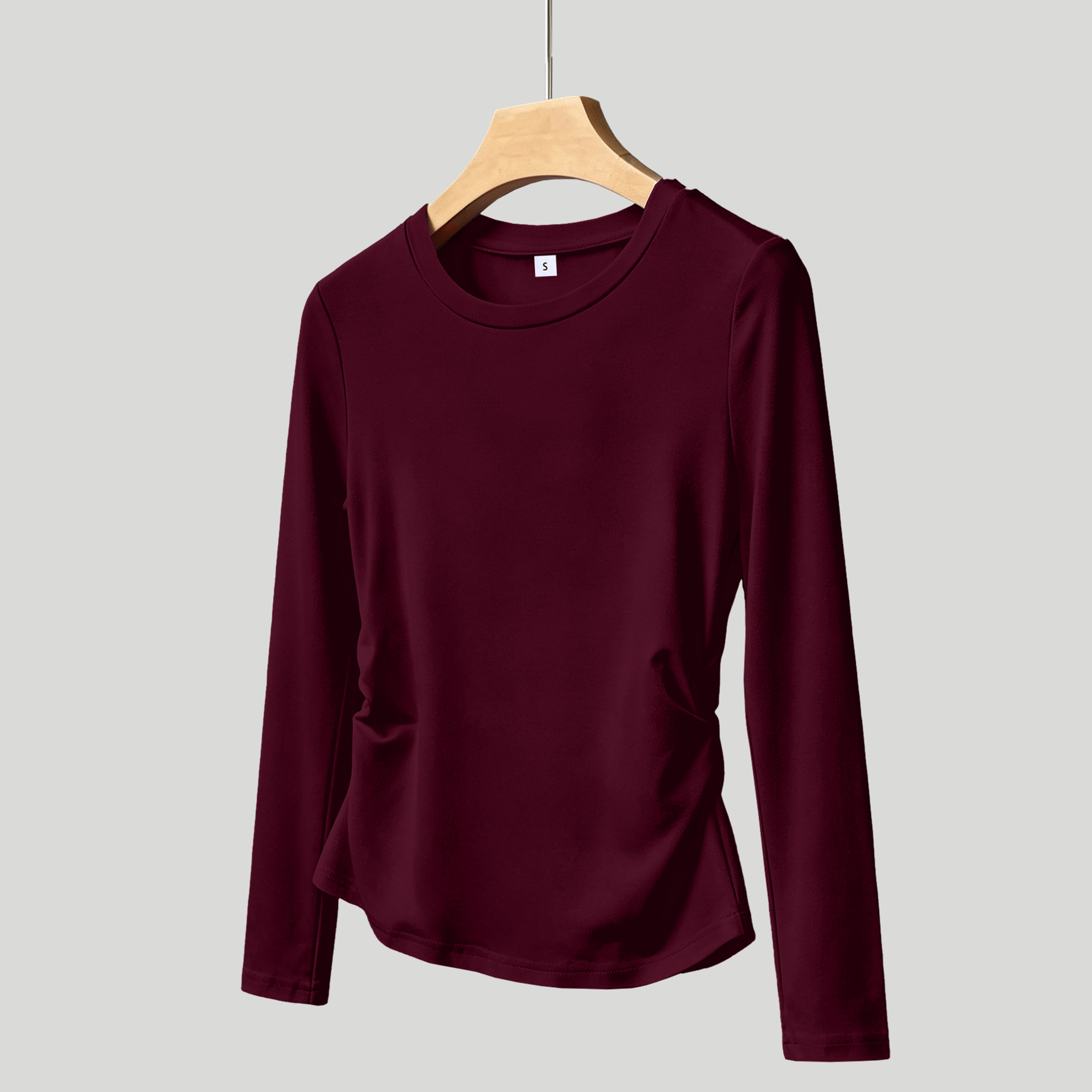 TEMU 1pc Pack, Women's Fashionable Trendy Round-neck Casual Slim-fit Long-sleeve Ruched Hem T-shirt, In Multiple Colors, Suitable For Autumn And