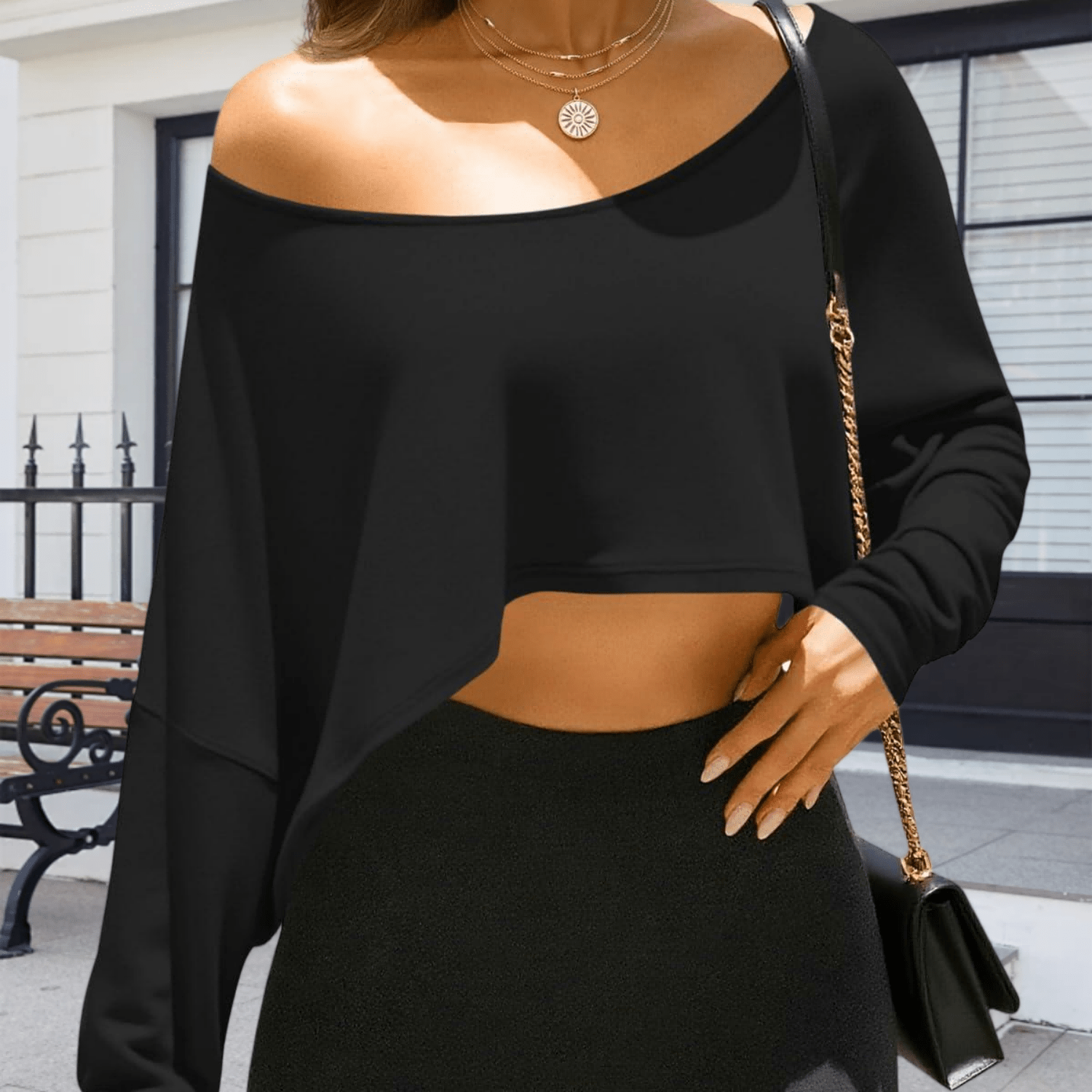 Women's Off The Shoulder Crop Tops Batwing Long Sleeve Loose Fit Boat Neck Casual T Shirts