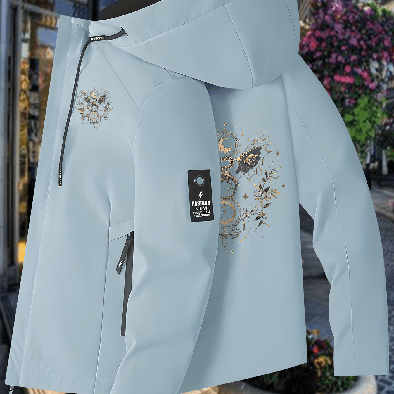 TEMU Women's Jacket, Black And Pattern With Star And Moon Print, Lightweight Windbreaker, Stylish And Versatile Outerwear For Daily Streetwear