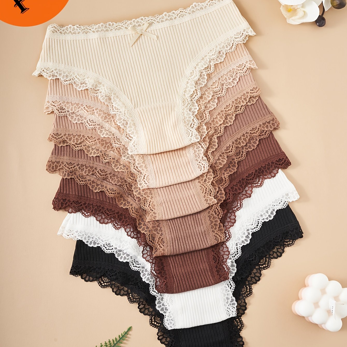 7 Women's Panties, Small Bow Decoration Tones, Lace Women's Panties