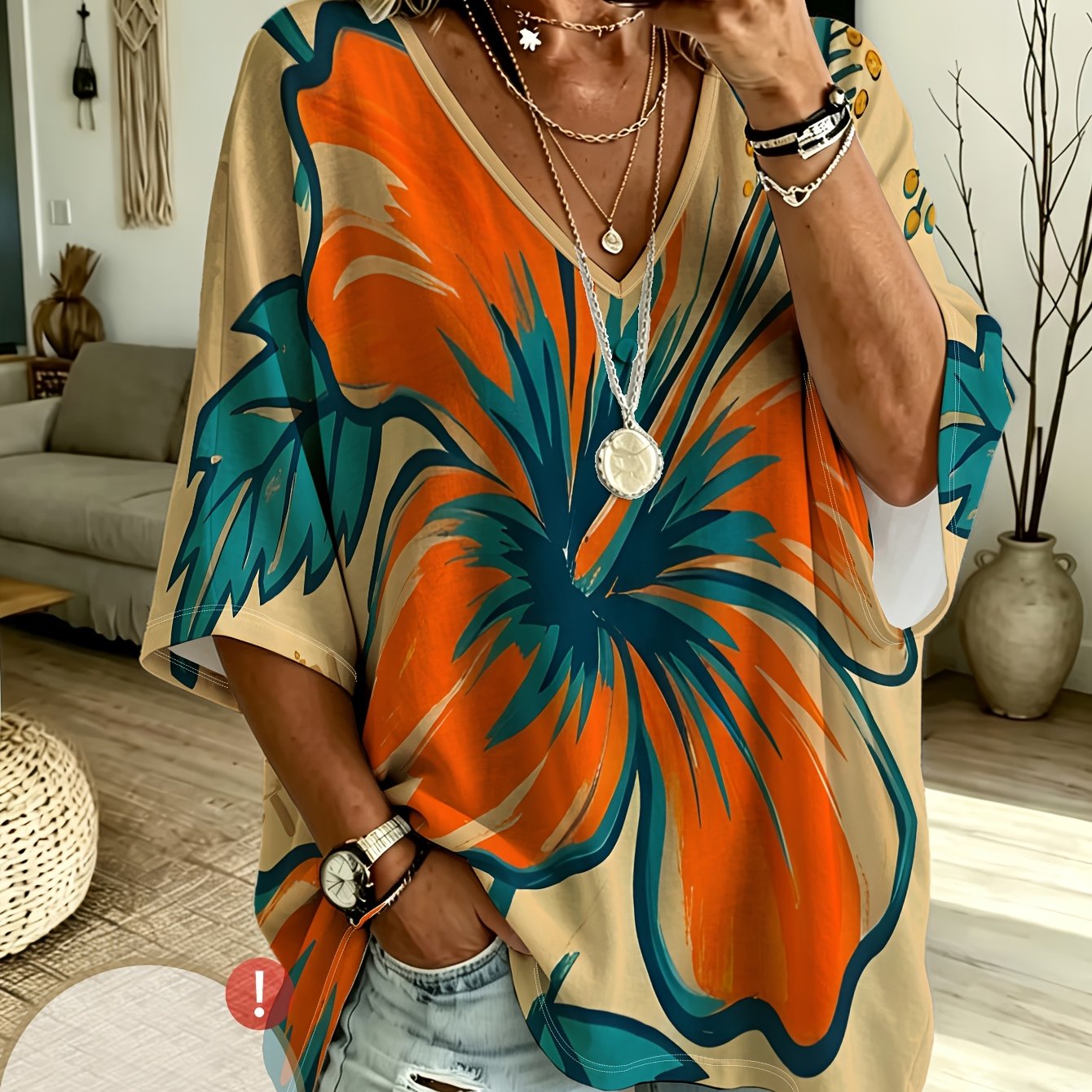 TEMU Plus Size, Plus-size Women's V-neck Three-quarter Sleeve Top, Casual Orange-green Large Floral Tropical Plant Print