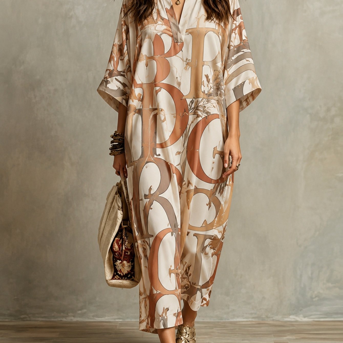 Plus Size - Coffee Tone Vintage Art Letter Floral Print Lapel -sleeve Loose Maxi Dress, -friendly Vintage Casual Vacation Long Dress Perfect Gift Pick
