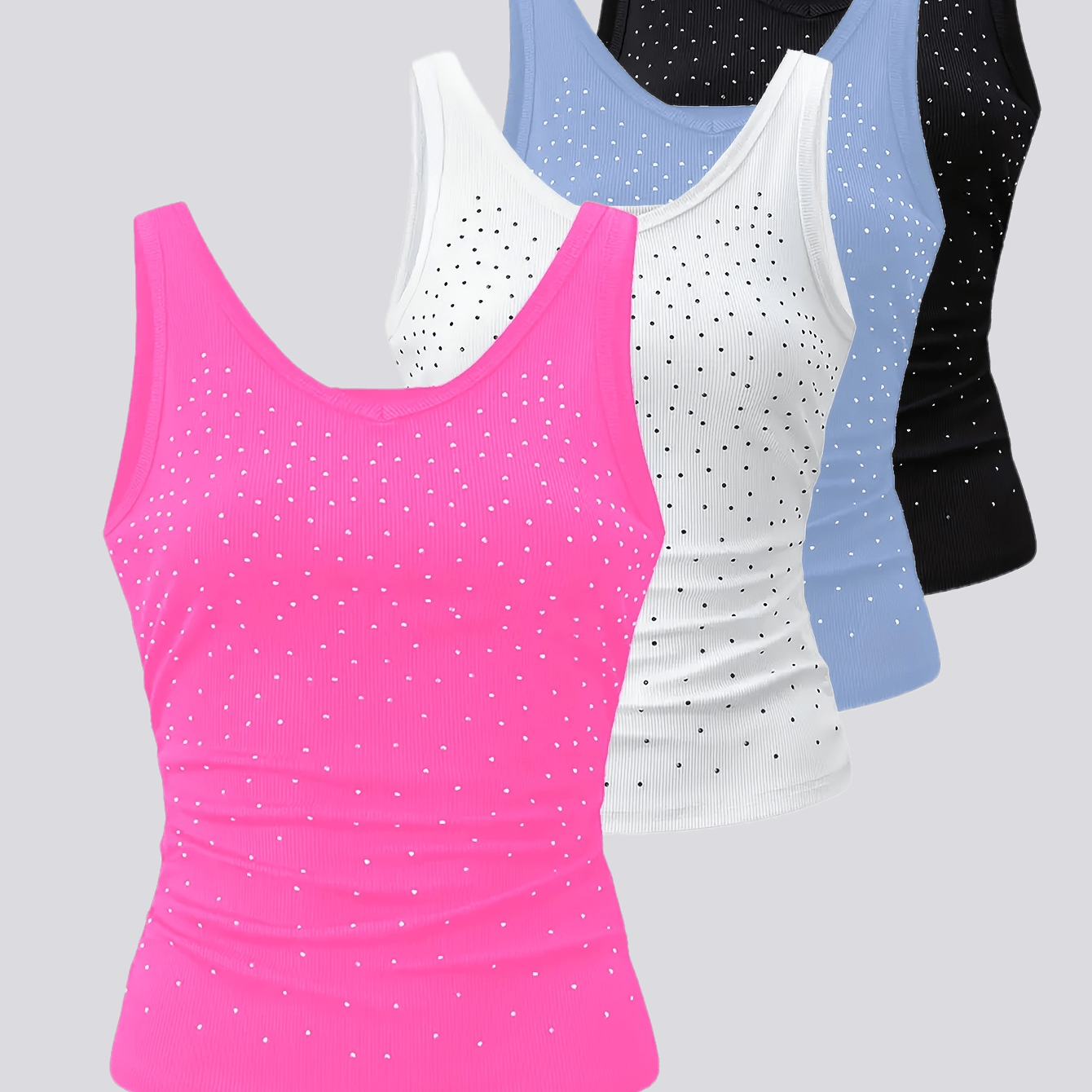 E-shop 4-teiliges Set Damen V-Ausschnitt Mode-Camisole mit Seitlicher Rüschen, Strassverzierung, Slim-Fit Bequemes Tanktop
