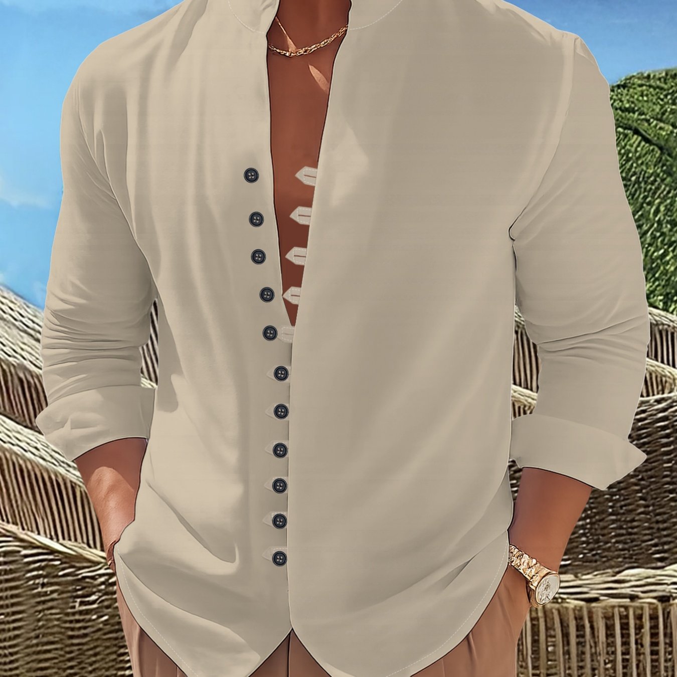 TEMU Chemise décontractée pour homme à manches longues, col et 11 rangées de boutons, haut simple uni , tendance, polyvalente pour les , vêtement