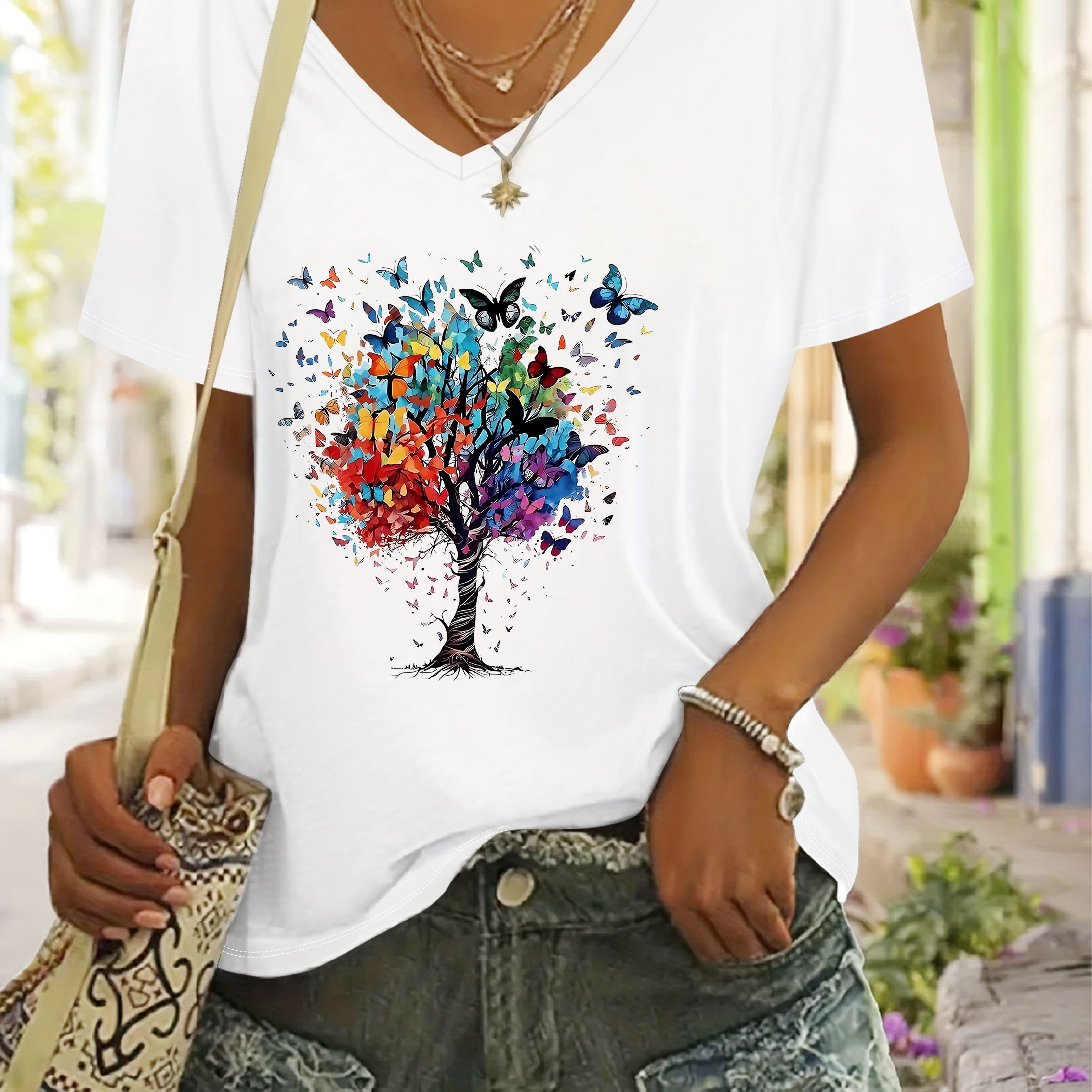 TEMU Spring/summer Fashion Women's V-neck T-shirt, Sexy And Designer-inspired V-neck, Colorful And Flower Bush Print Women's T-shirt, Versatile