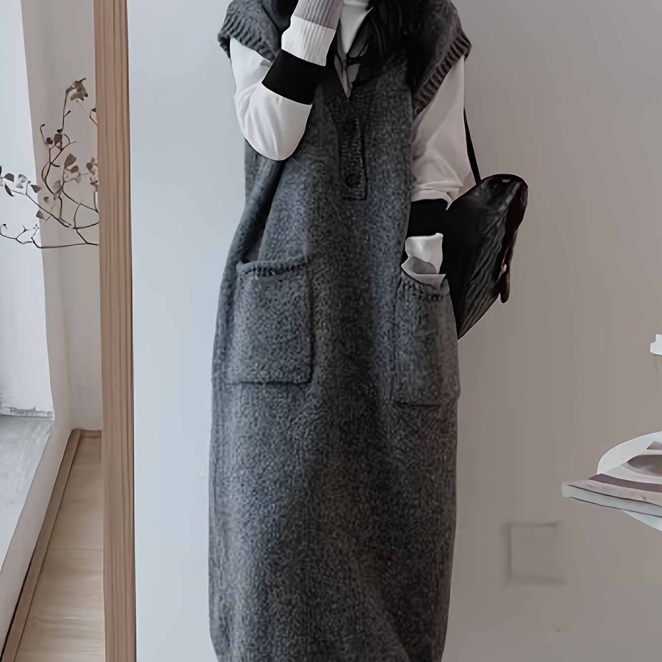 TEMU Women's Loose Vest Dress Vest Mid-length Wide Sweater Dress Women's Long Lazy Style Loose V-neck Vest Dress Korean Version Slim Coat Mid-length