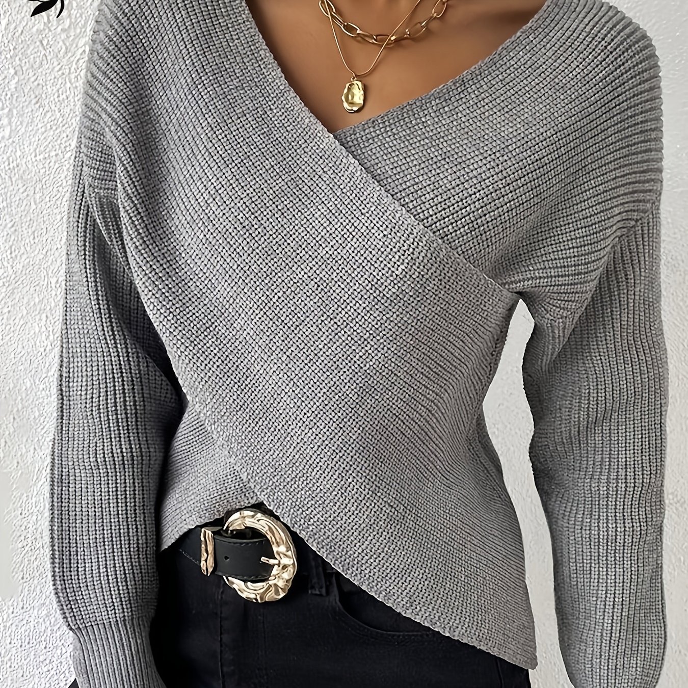 Rachel's Women's Long-sleeve V-neck Cross-design Solid Color Top