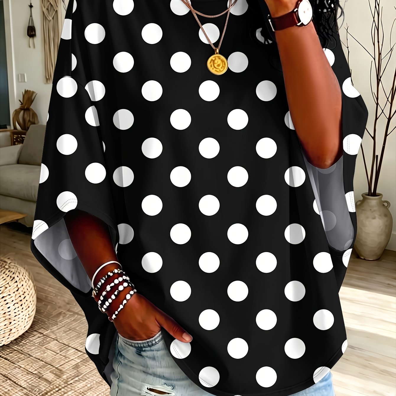 TEMU Plus Size, Plus Size Women's Loose Drop Shoulder Sleeve T-shirt, White Polka Dot Print Crew Neck Loose Fit Casual Daily Shirt, Loose 's Fashion