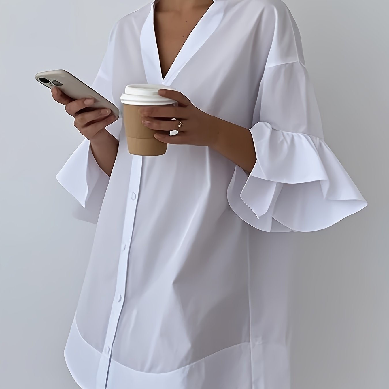 TEMU Solid Color Collar Button-front Long-length Shirt, Fashionable Casual Flared Sleeve Blouse, Women's Clothing