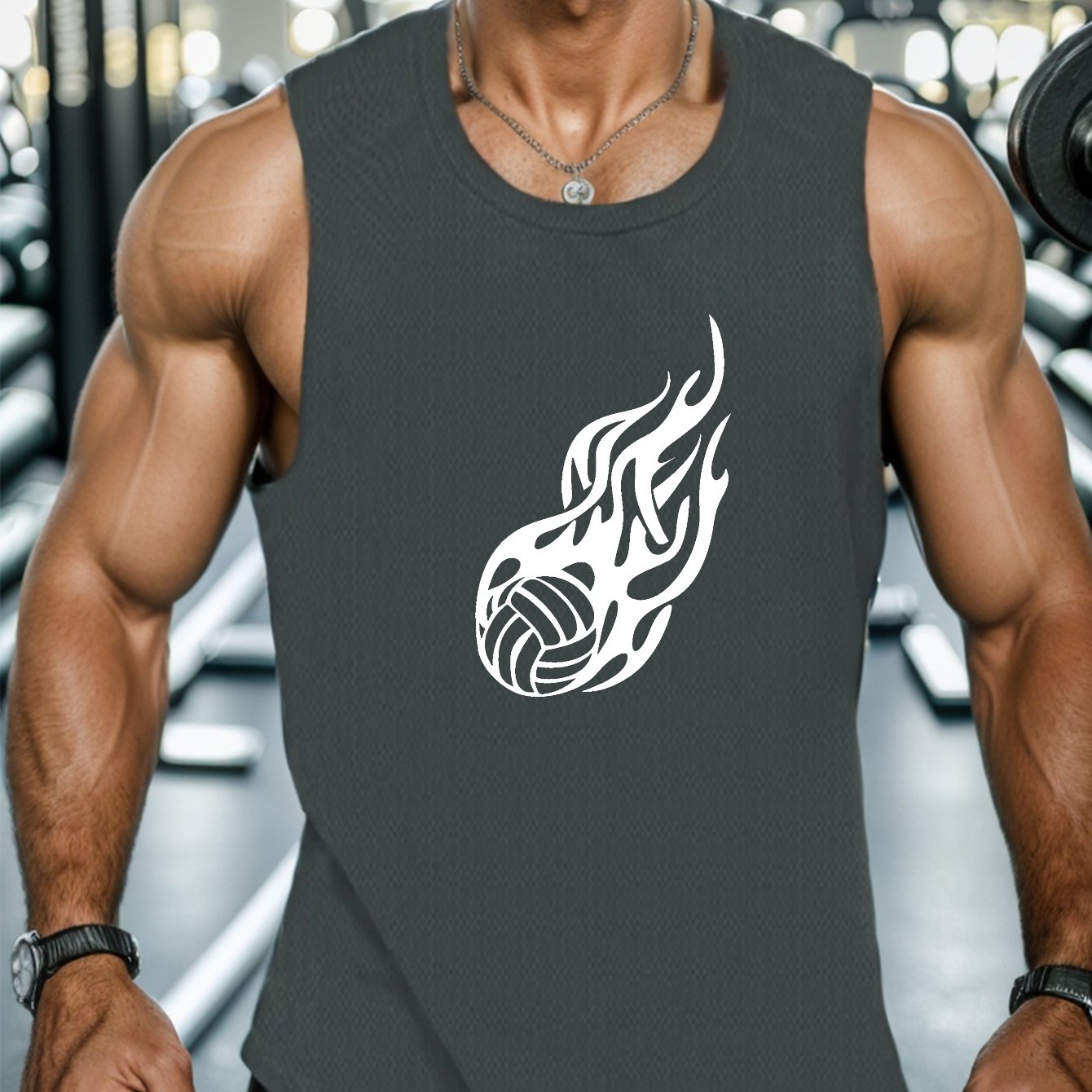 TEMU Volleyball Flames Print Summer Men's Quick Dry Moisture-wicking Breathable Tank Tops Bodybuilding Sports Sleeveless Shirts For Workout Running