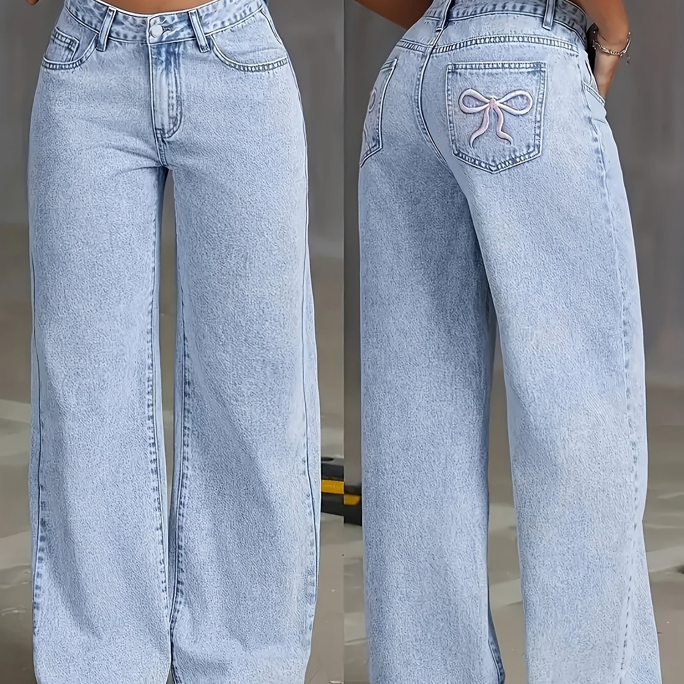 Image of Women's High-waist Loose Fit Embroidered Jeans - Light Blue Casual Bell Bottoms, Stretch Denim, Comfortable Wear, Animal Pattern, Machine Washable, , Medium Elasticity