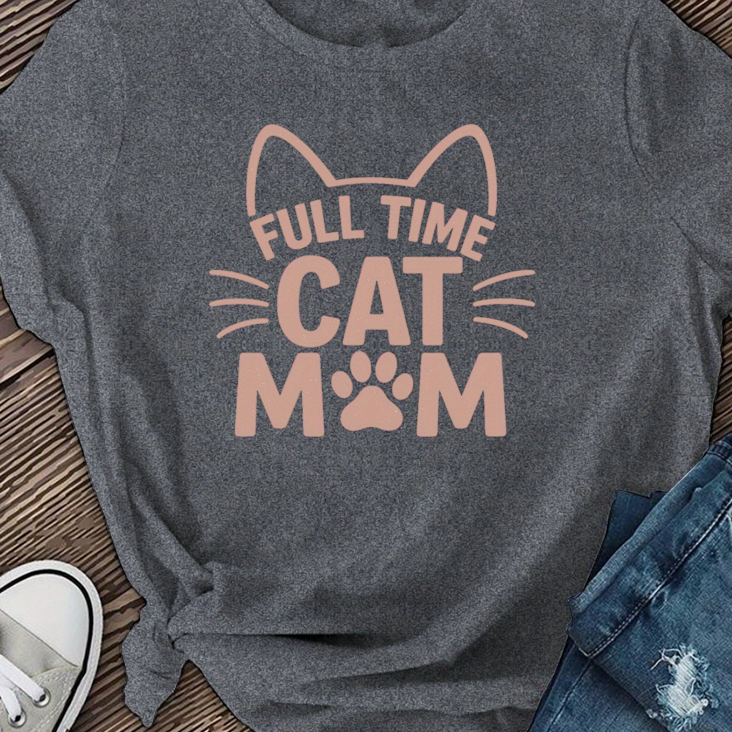 TEMU Women's ' Cat Mom' T-shirt - Casual Black Short-sleeve Round-neck Top With A Pink-purple, Machine Washable, Spring And Summer.