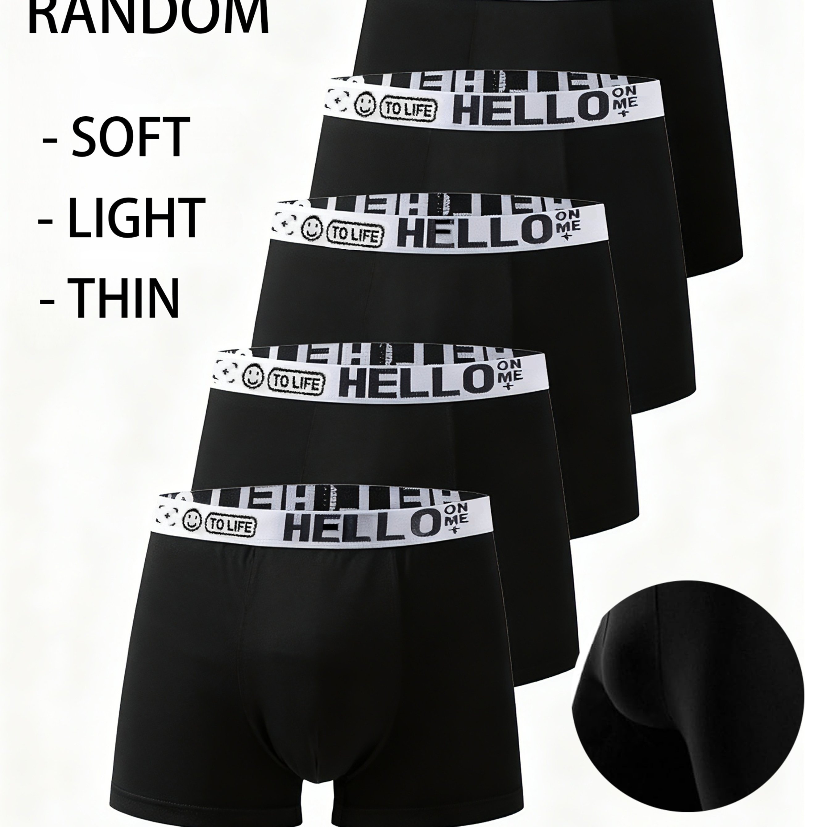 Image of Random 5-pc Thin Light Comfortable U-shaped Men's And Teenagers' Stretch Underwear And Moisture-wicking Sports Boxer Briefs, Black Knitted Design, Sweat-resistant
