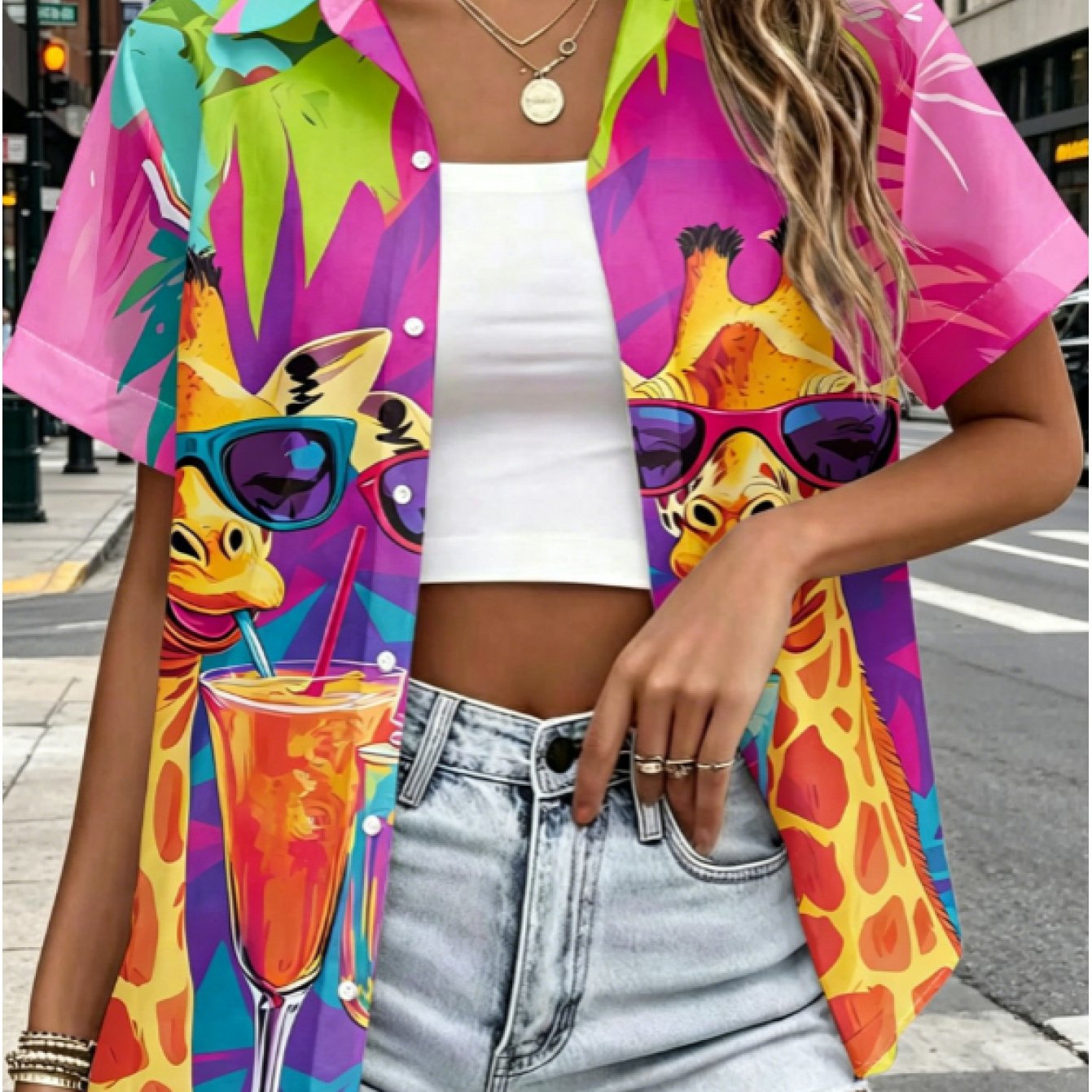 TEMU Printed Design – Not Textured: Women's Fashionable Casual Versatile Short-sleeve Shirt, Glasses Giraffe Tropical Short-sleeve Shirt, Colorful