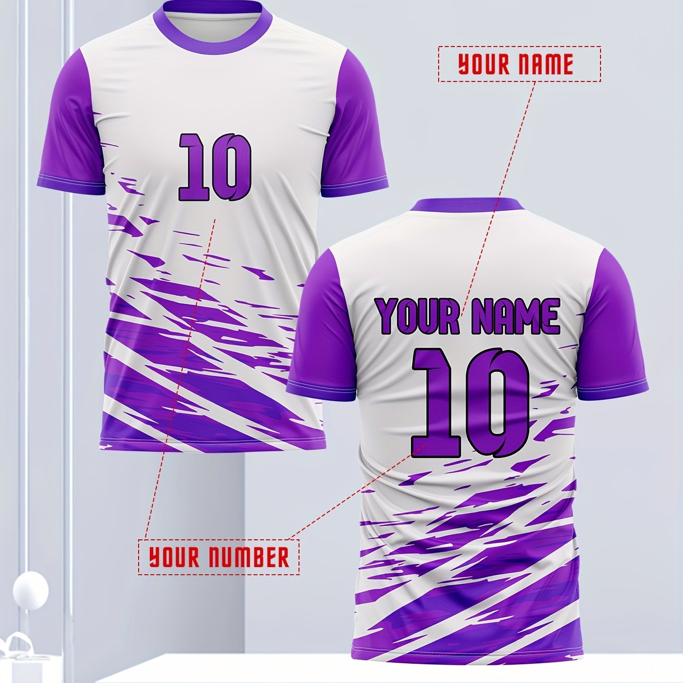 TEMU Custom Football T-shirt With Personalized Name And , Purple And White Dynamic Print, Regular Neck, Suitable For Training, Casual, And Outdoor