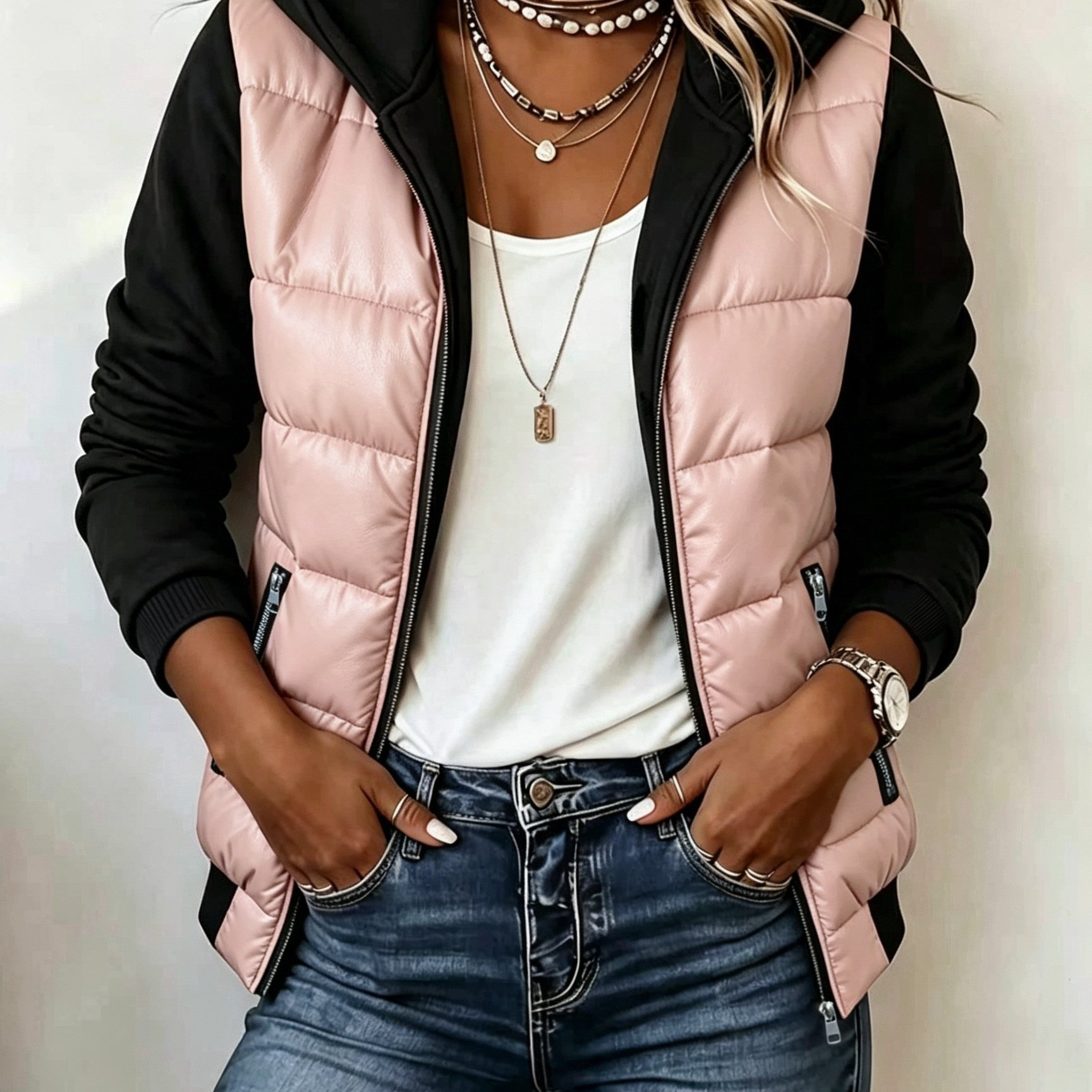 TEMU Neue Herbst/Winter Mode für Damen, Kapuzen-Langarm-Steppjacke mit Farbblock-Patchwork-Ärmeln, kurz geschnitten, lässig, warm, gepolstert
