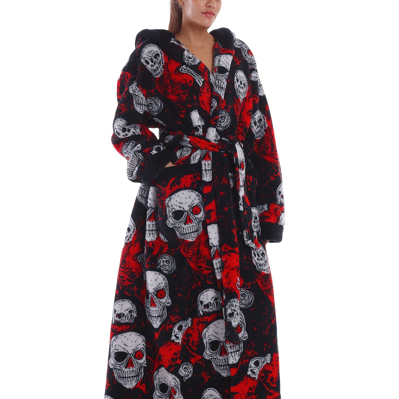 E-shop Karneval--Muttertag--Halloween--Schädel-Print--Haushalt Morgenmantel--Morgenmantel mit Kapuze--1 Stück Warm--Herbst- und Winter- Damen