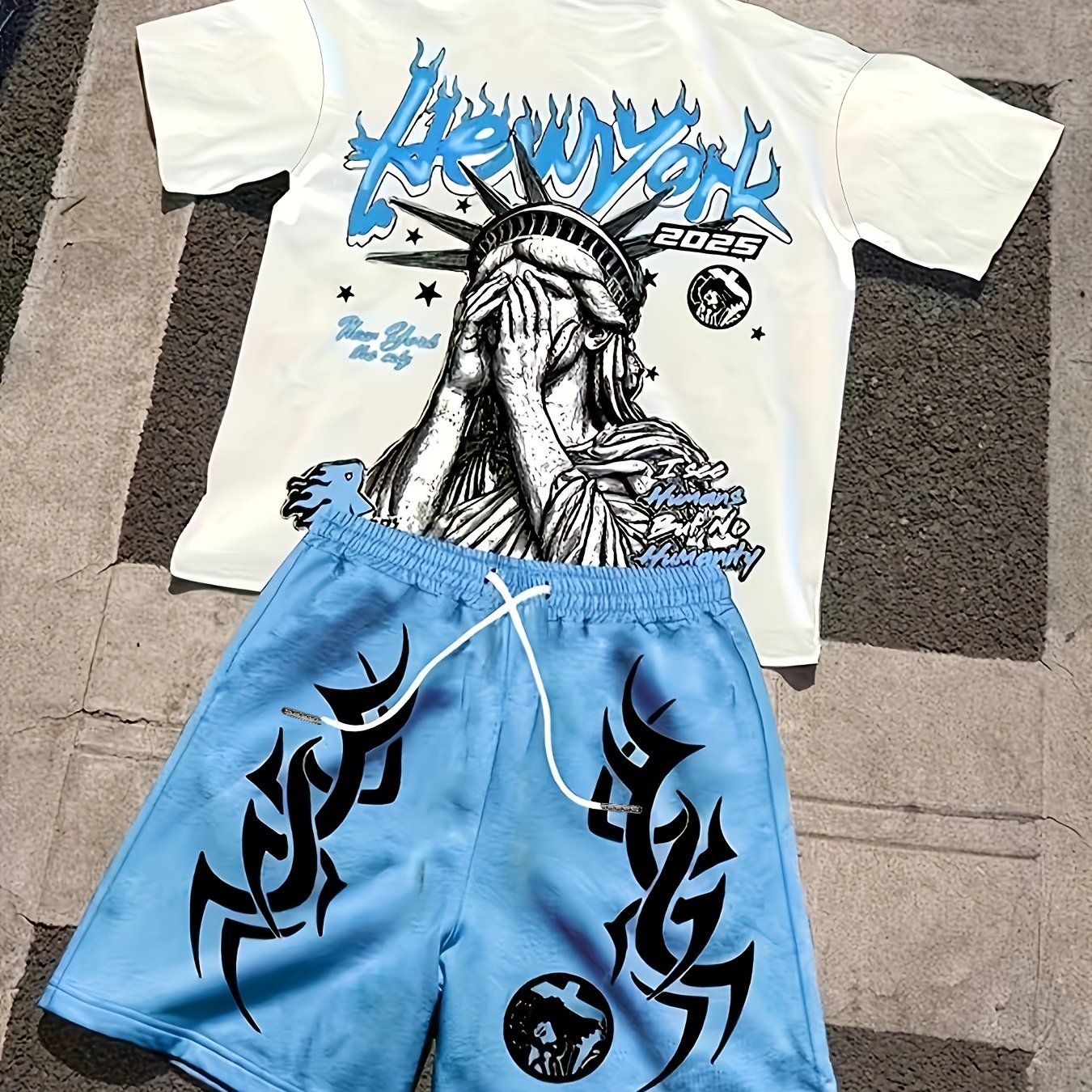 TEMU Print Design Not Textured/embroidered/sequins Not Jean The Print Flat Printing/no Additions/fabric Slightly Sheer 2pcs Men's Casual Set Round