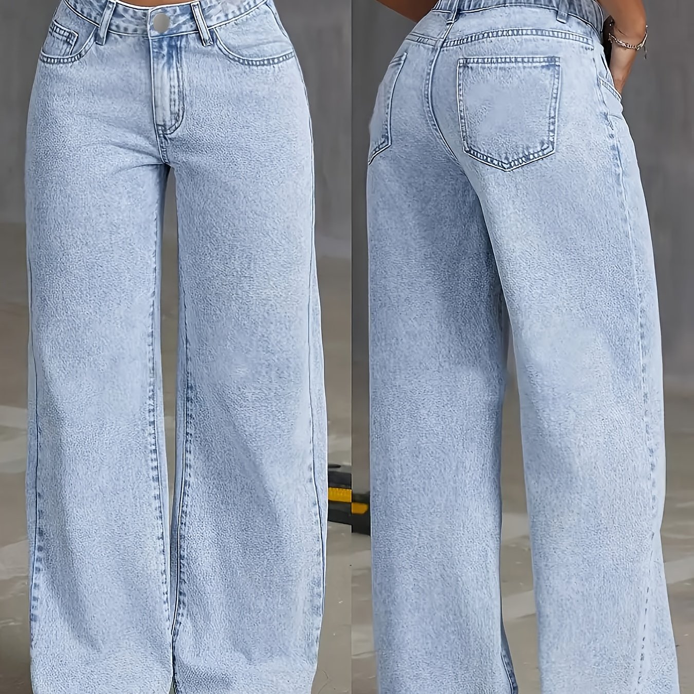 Image of Vintage High-waisted Wide Leg Jeans With Elastic Back Waistband - No Stretch, Relaxed Straight Fit, Retro Wash, Comfortable Everyday Trousers For Women