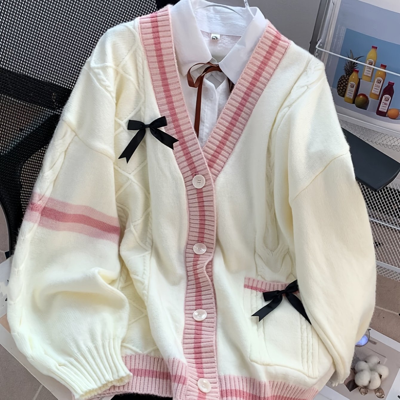TEMU Western Autumn Winter New Cable Twist Contrast Bow Cardigan Sweater Coat