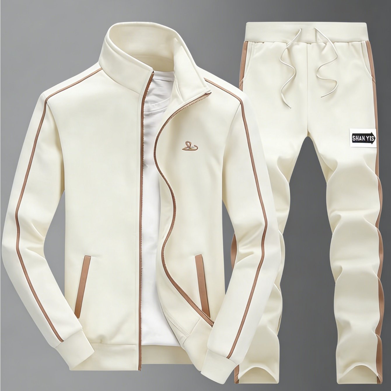 Image of Men's Spring And Autumn Beige Stand Collar Zip Up Sports Set Polyester Side Stripe Print Jogger 2pcs Set