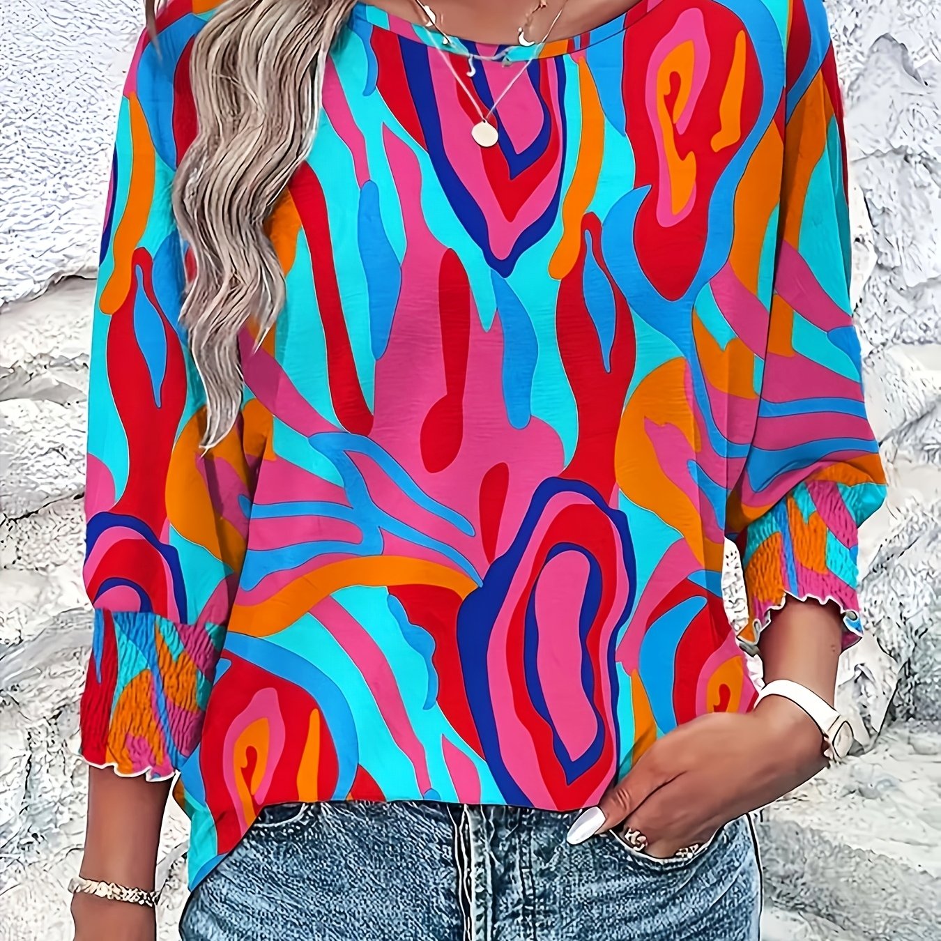 Three-quarter Sleeve Small Shirt, Colorful Printed Commuter Style Round Neck Shirt, Pullover , Batwing Shirt