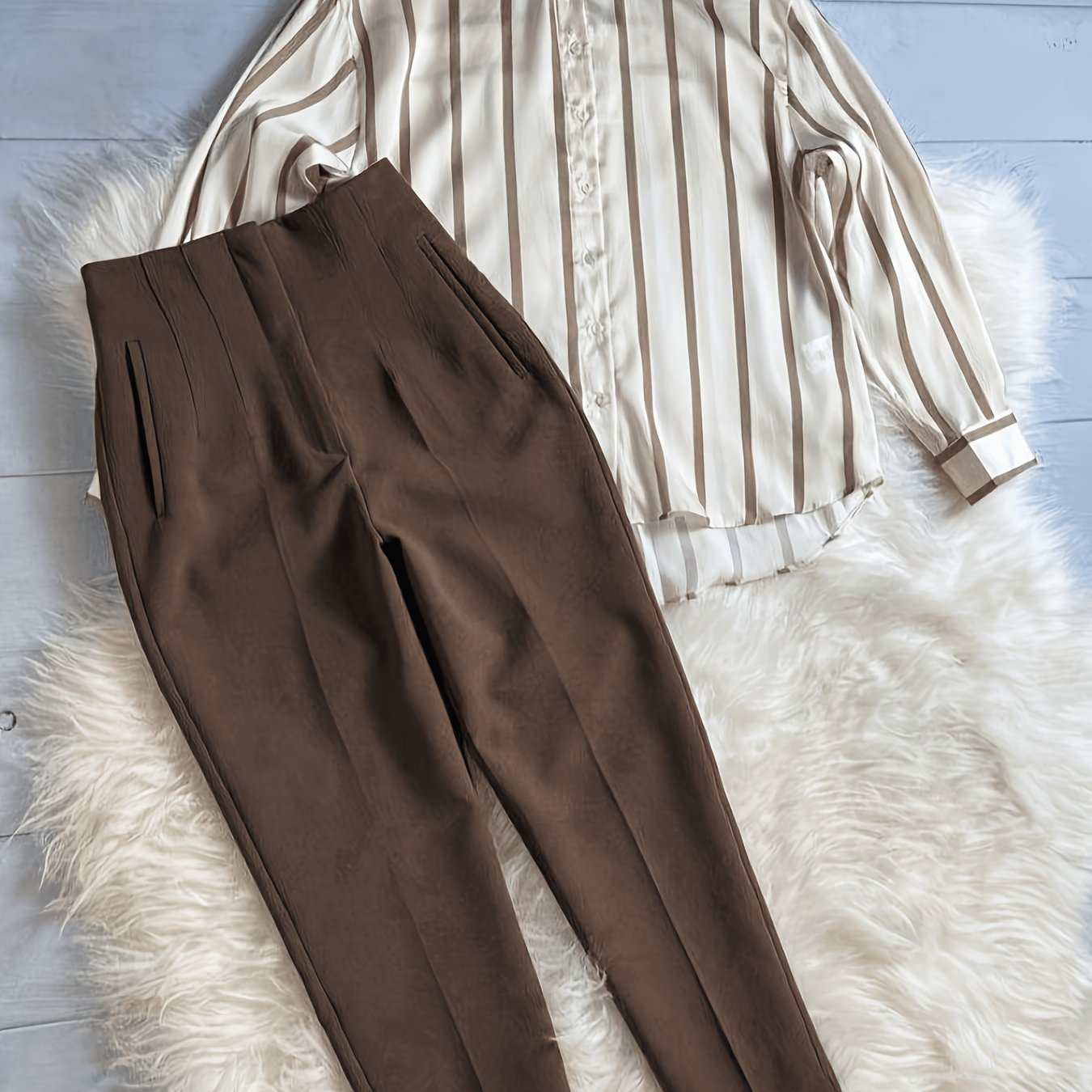 E-shop Damen Pendler-Style 2-teiliges Set, lässiges gestreiftes Hemd und schmale braune Hose für professionelle Frauen