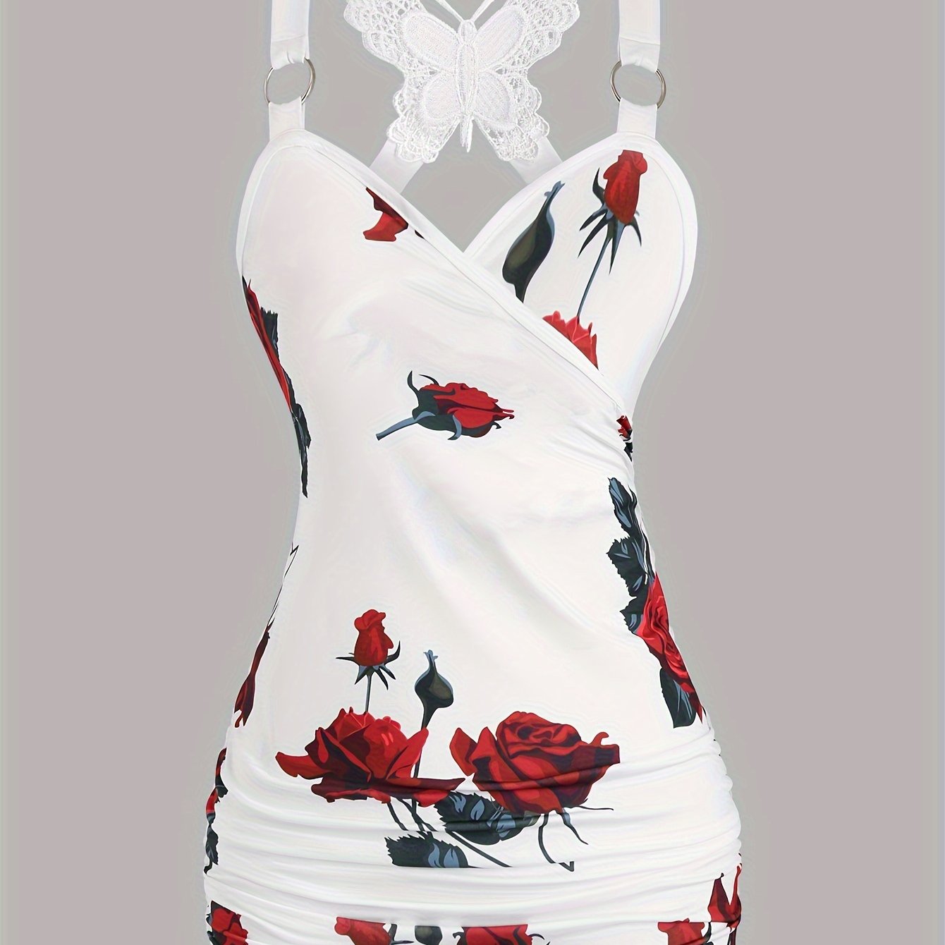 2024 Spring Summer New Women's Rose Print Ruched Cami With Lace Cross-back