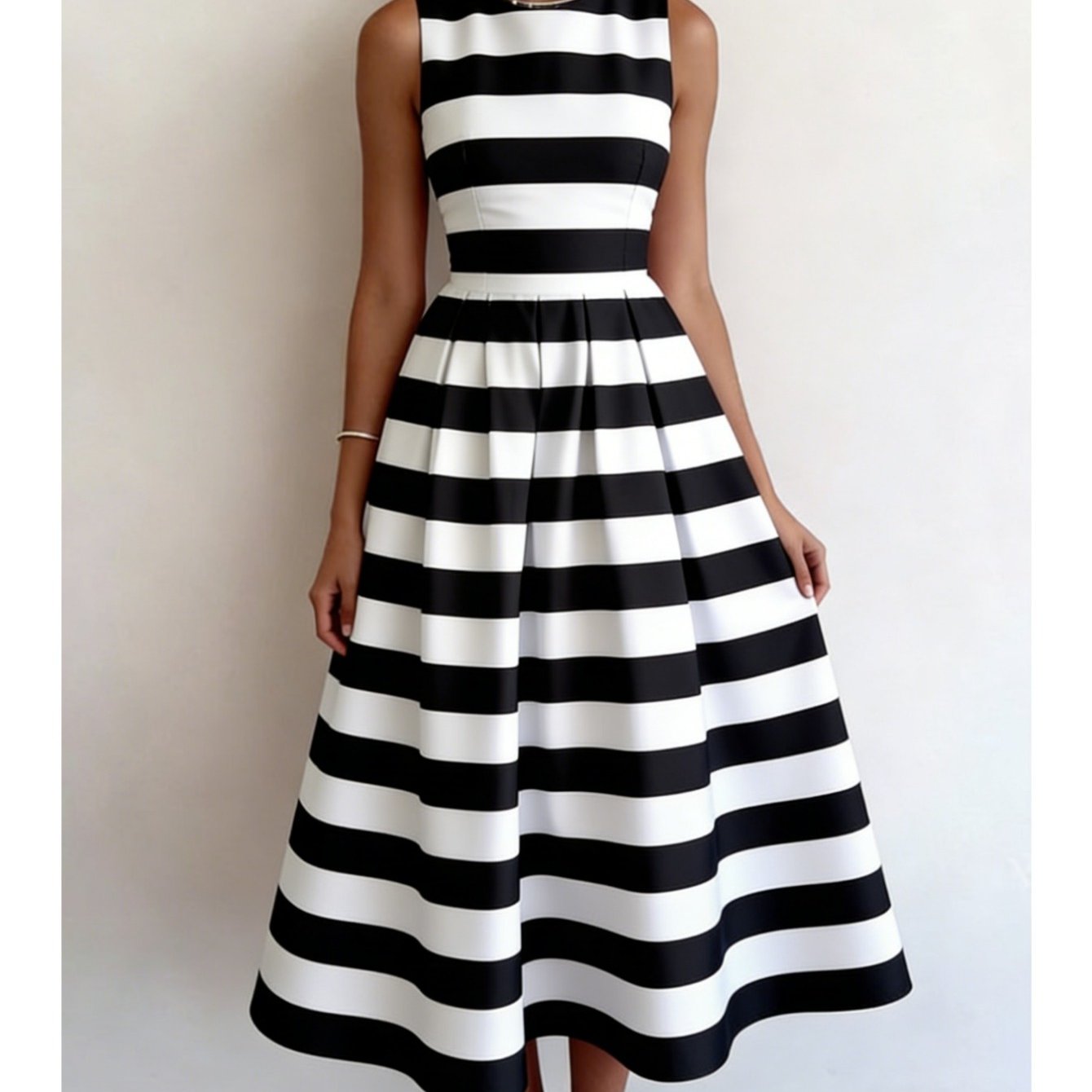 Casual Resort-style Dress Featuring A Retro Design With Contrasting Stripes And Floral , Perfect For Spring And Summer, With A Round Neck And Sleeveless Cut