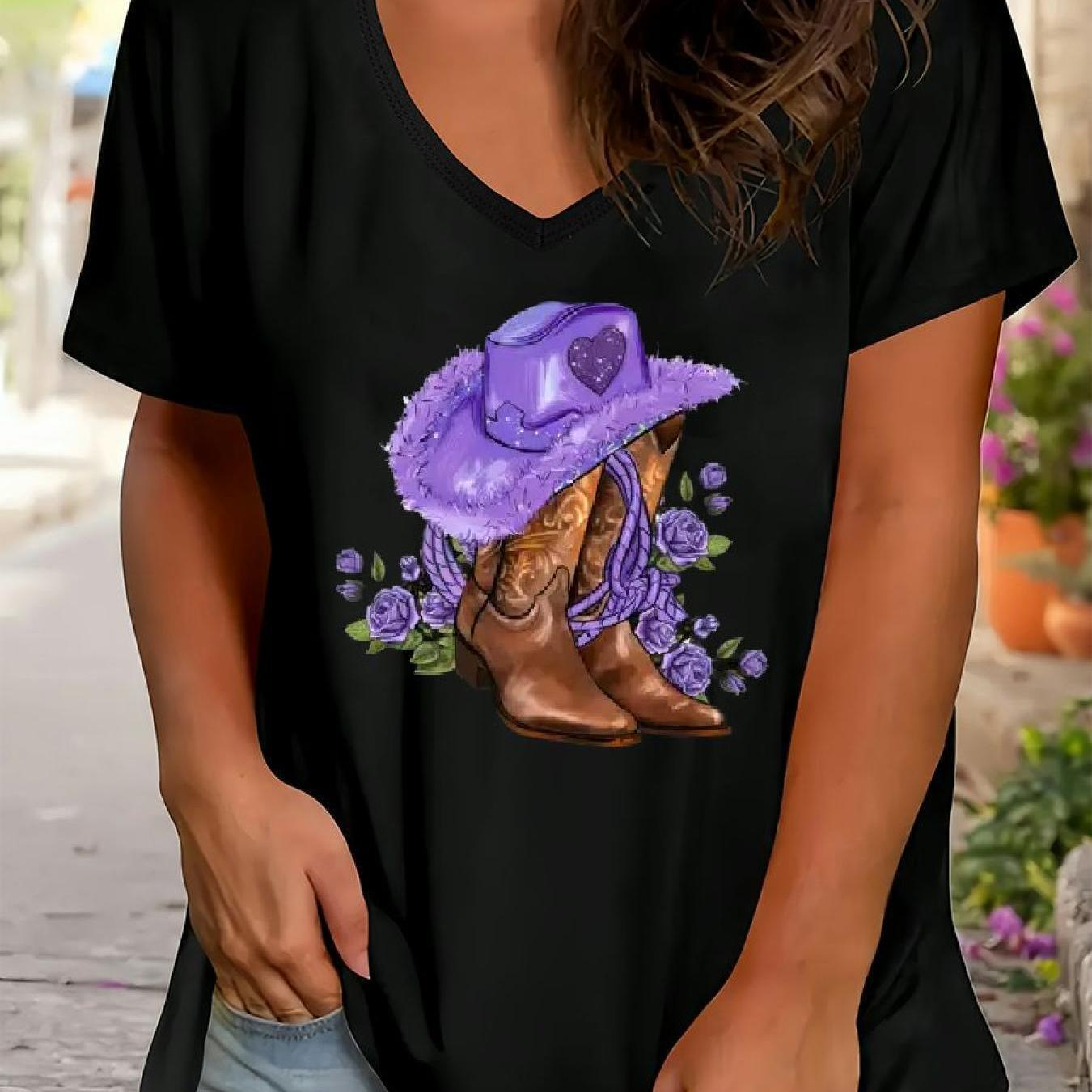 TEMU Plus Size Women's Relaxed Fit T-shirt With Purple Cowboy Hat & Boots Design - Stretch Knit, V-neck Casual Wear For Spring To Fall, Casual Wear