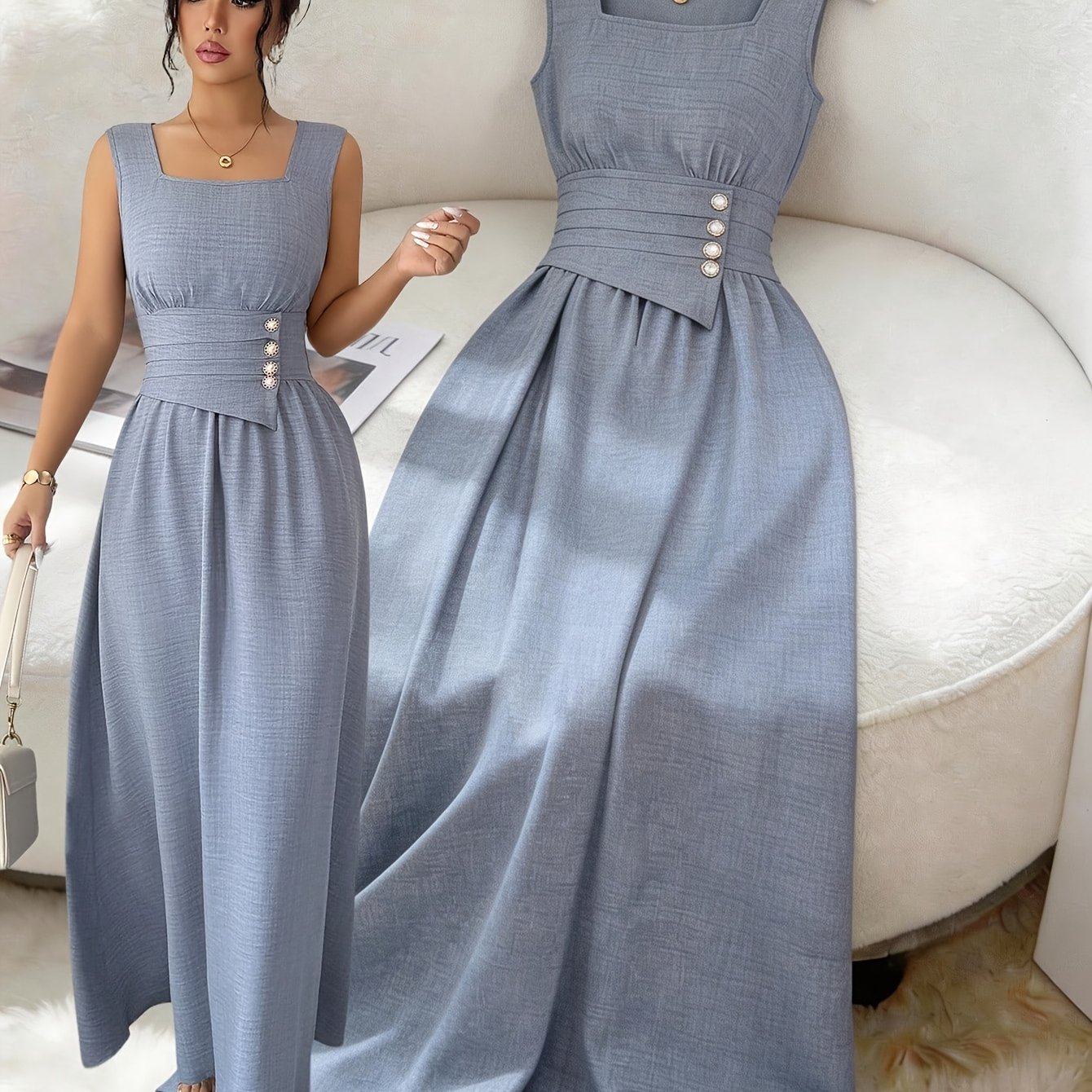 TEMU City Charm Summer New Style Dress, Light Neck Sleeveless High-waist Pleated Pearl Button A-line Maxi Dress, Suitable For Daily Wear, Weddings,