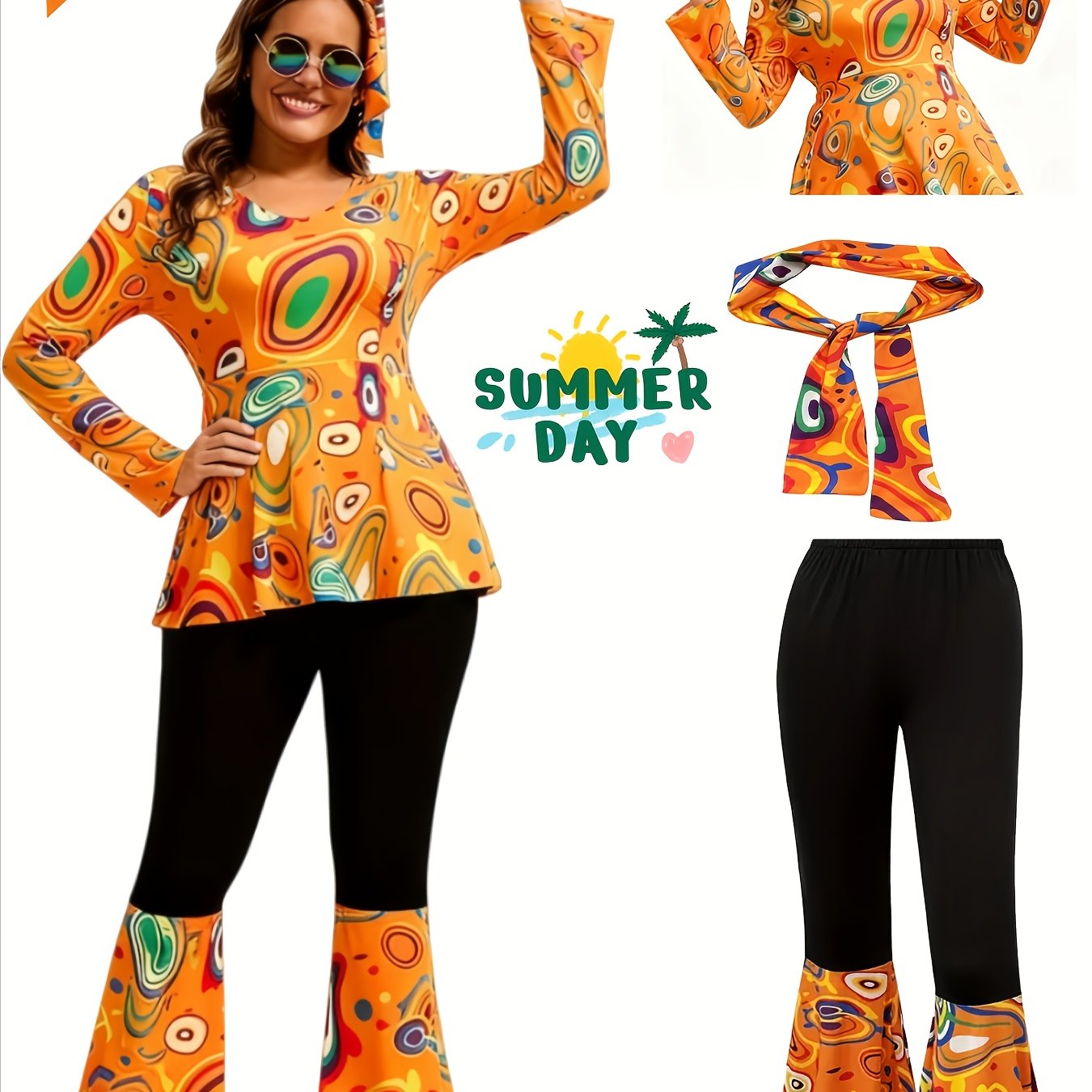 TEMU Ropa de mujer de talla grande, conjunto de talla grande con blusa de acampanada + pantalones acampanados + , disfraz retro disco de 1980, con