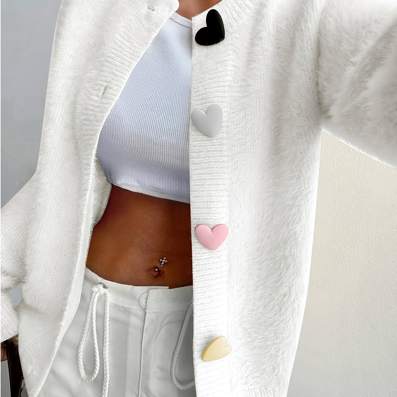 Women's Elegant Plush Cardigan With Colorful Heart Buttons - Machine Washable Open Front Sweater, Regular Fit Long Sleeve For Casual & Formal Wear, Cardigan Sweater, Front