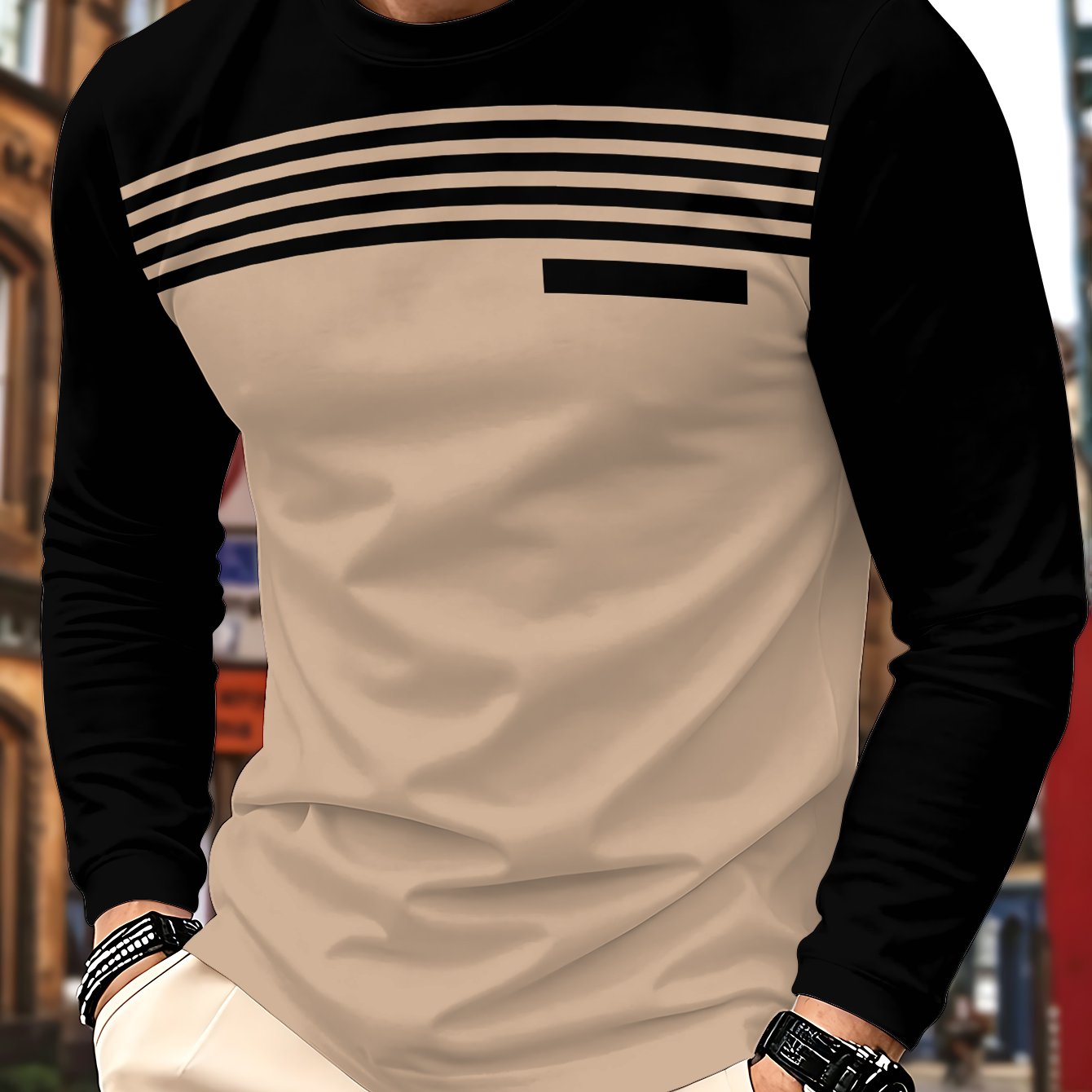 TEMU Printed Design - Non-textured Men's Round Neck Long Sleeve T-shirt, Easy Striped Design