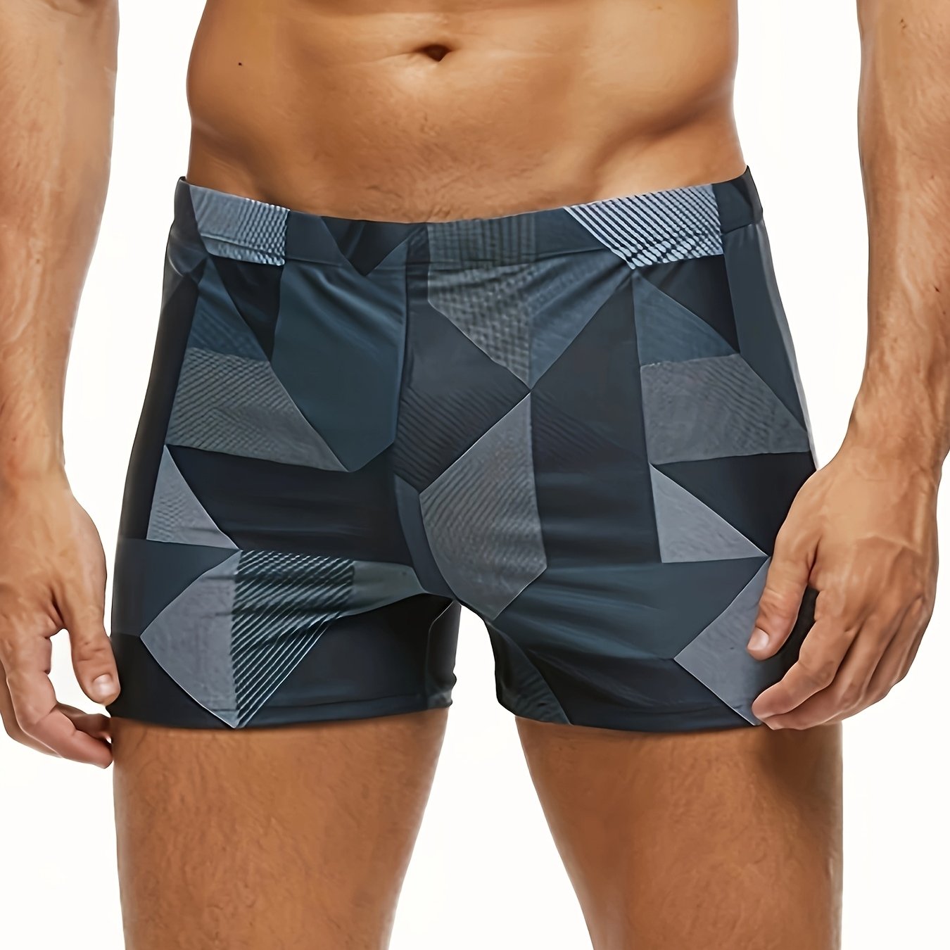 E-shop Herren Boxershorts-Badehose mit niedrigem Bund unregelmäßigem geometrischem Muster, geeignet für Wasseraktivitäten, modisches Design