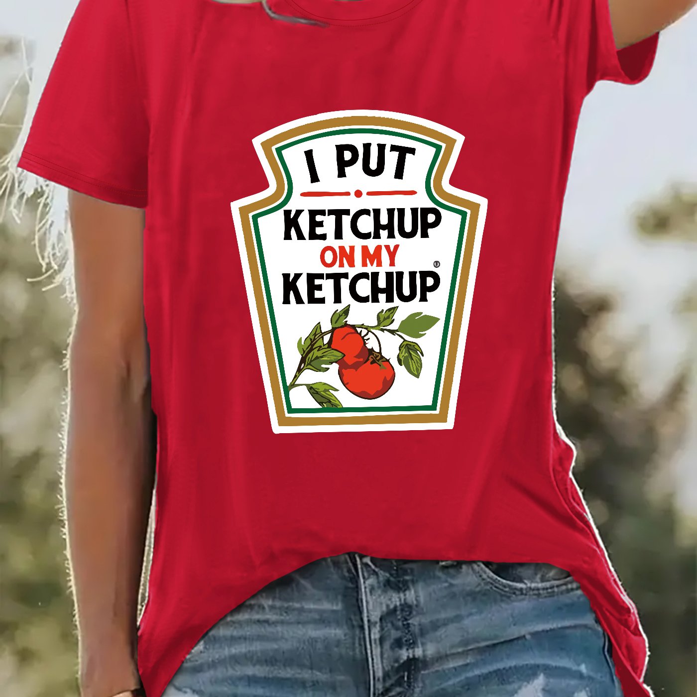 TEMU Women's "i Put Ketchup On My Ketchup" Graphic T-shirt - Casual Crew Neck, Short Sleeve, Stretchy Polyester Blend, Spring/summer Tee, Machine